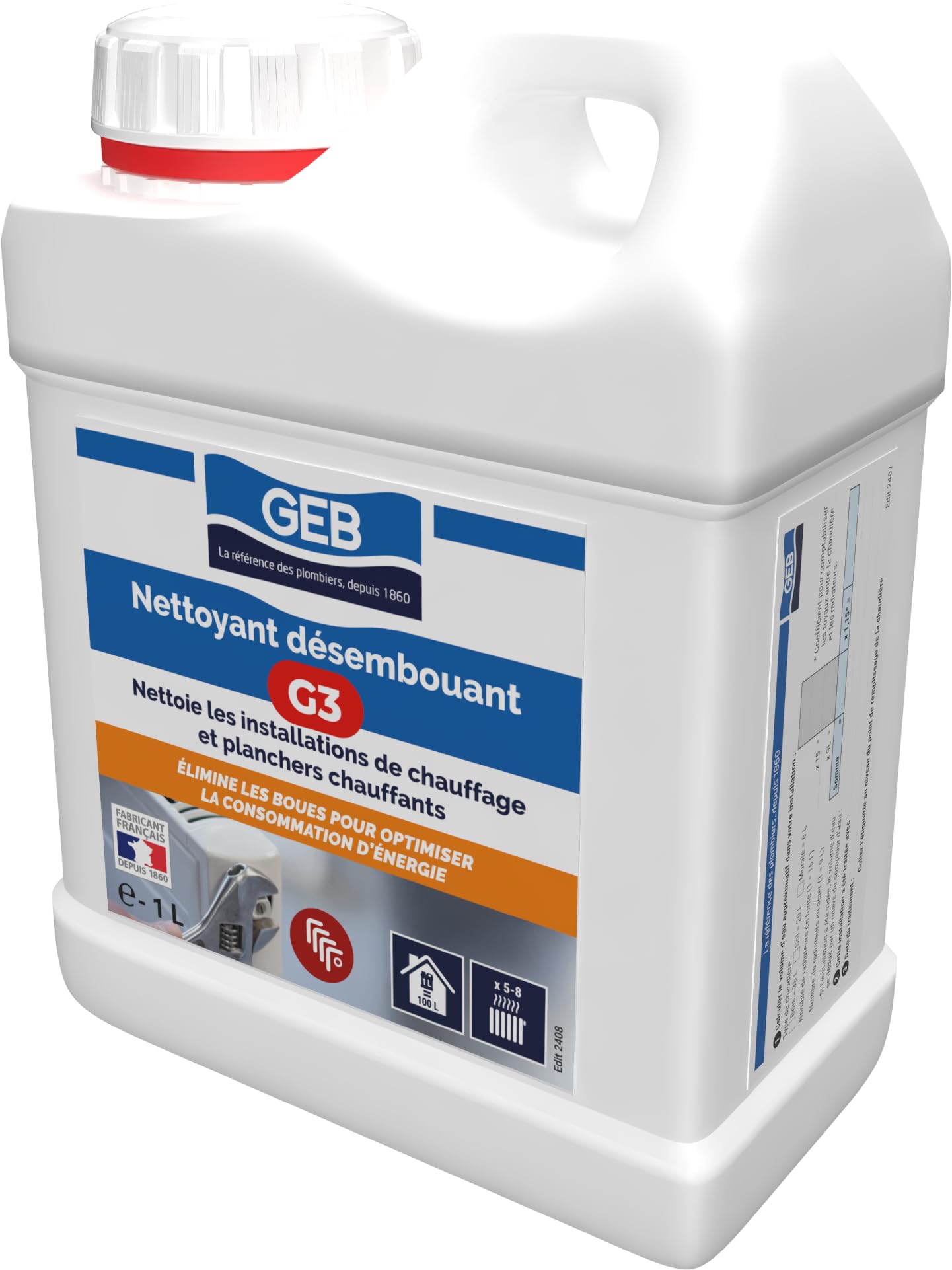 GEB Chauffage - Nettoyant Désembouant G3, Permet de nettoyer les installations de chauffage et planchers chauffants - 1 litre