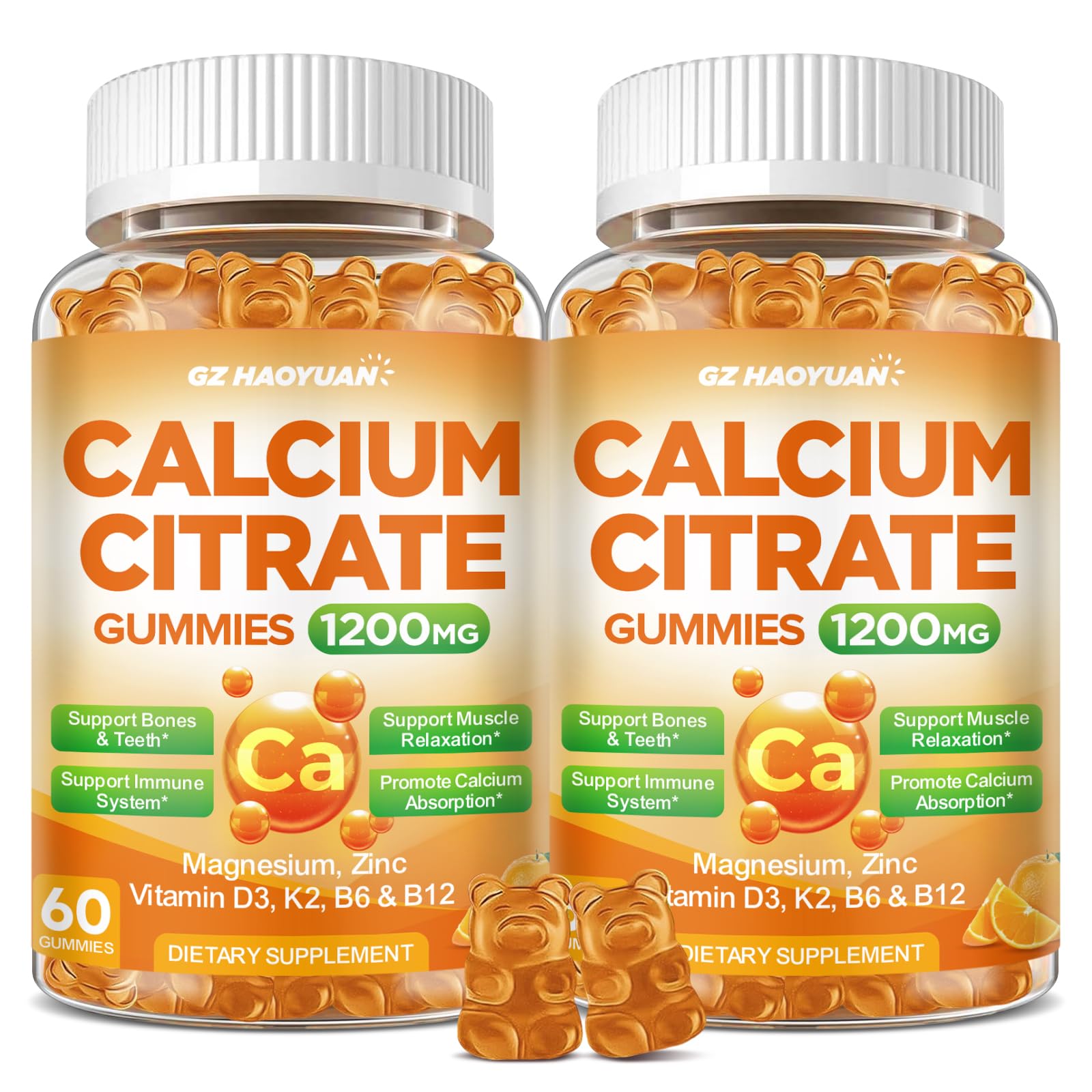 Calcium Citrate Gummies - 1200mg Calcium Gummies Supplements for Women & Men with Vitamin D3, K2, Magnesium, Zinc High Absorption for Muscle & Immune Support, Orange Flavor, 120 Count Orange 60 Count (Pack of 2)
