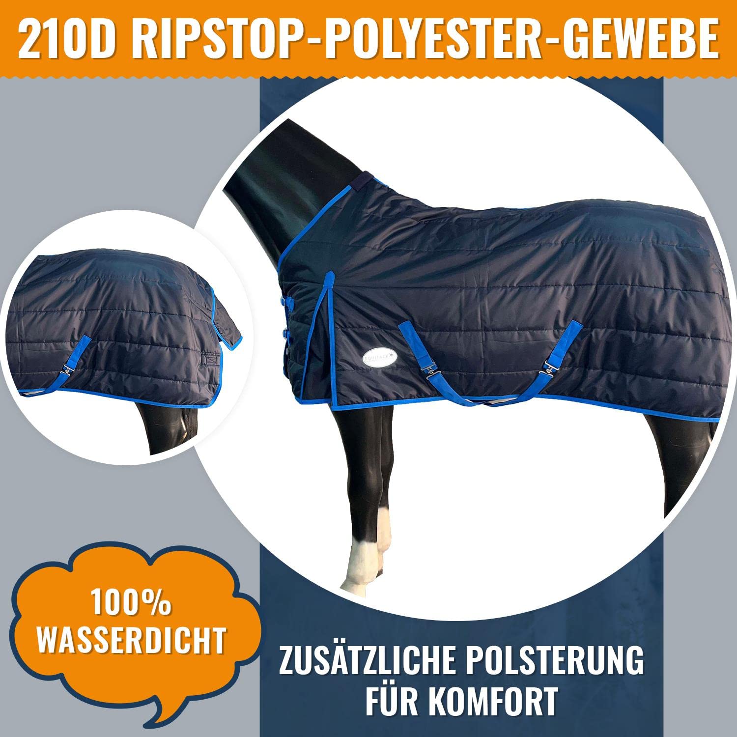 Equitack 1200D Winterdecke Pferd, 135cm | Regular Regendecke Pferd mit Fleece Lining | wasserdichte Outdoordecke Pferd | Füllung Navy