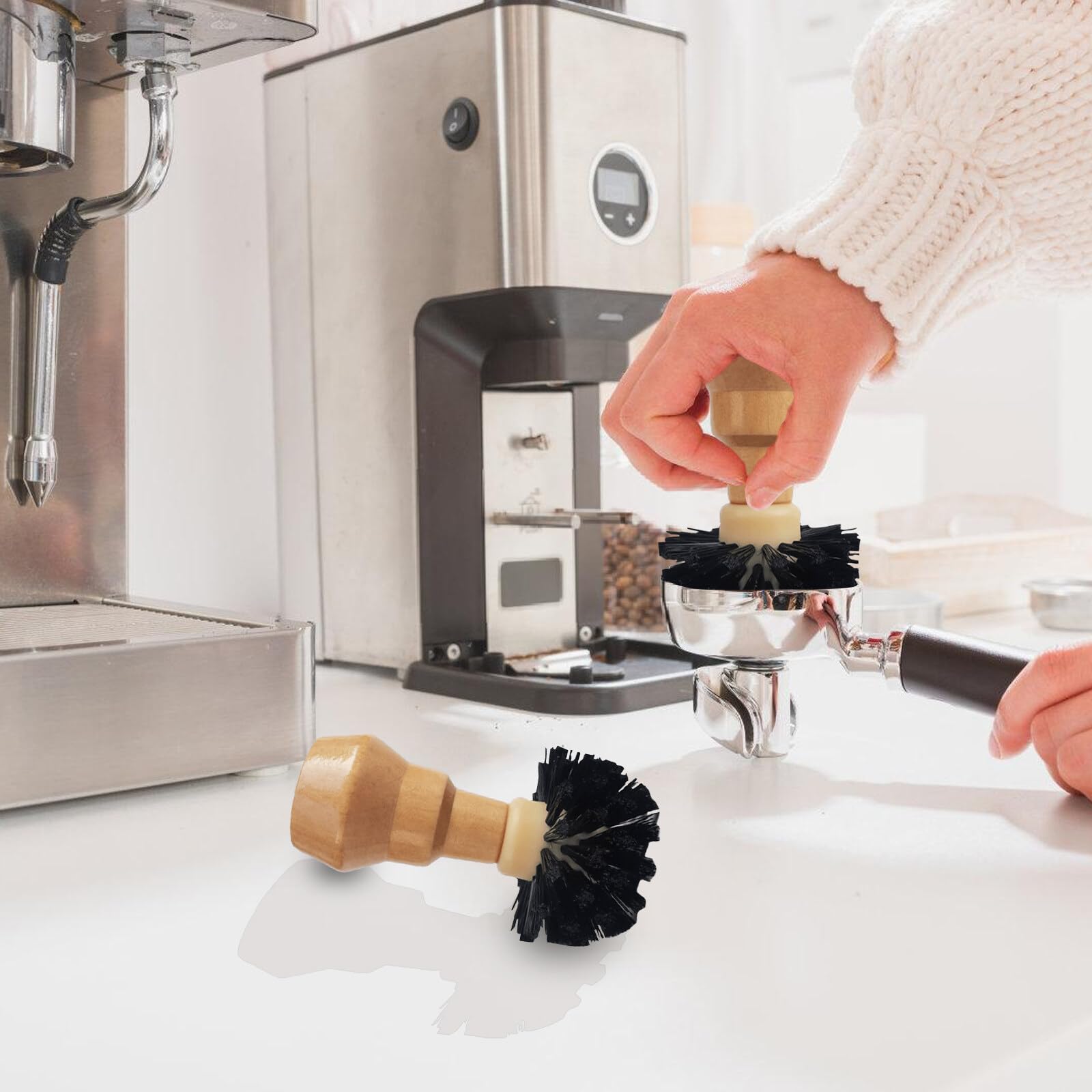 PARFCO Kaffeepinsel Set 2 Stück – Zylindrischer & Flacher Kopf Für Siebträger-Reinigung | Holzgriff, Wiederverwendbar Für Café & Zuhause