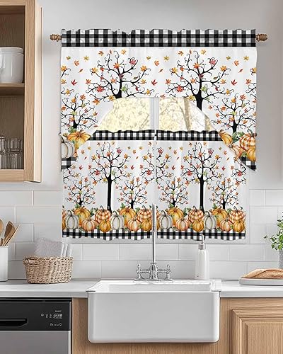 Miniatura 1 de Juego de cortinas de cocina de Acción de Gracias, cenefa y niveles de 24 pulgadas de largo, hojas a cuadros negros y blancos de otoño, cortinas