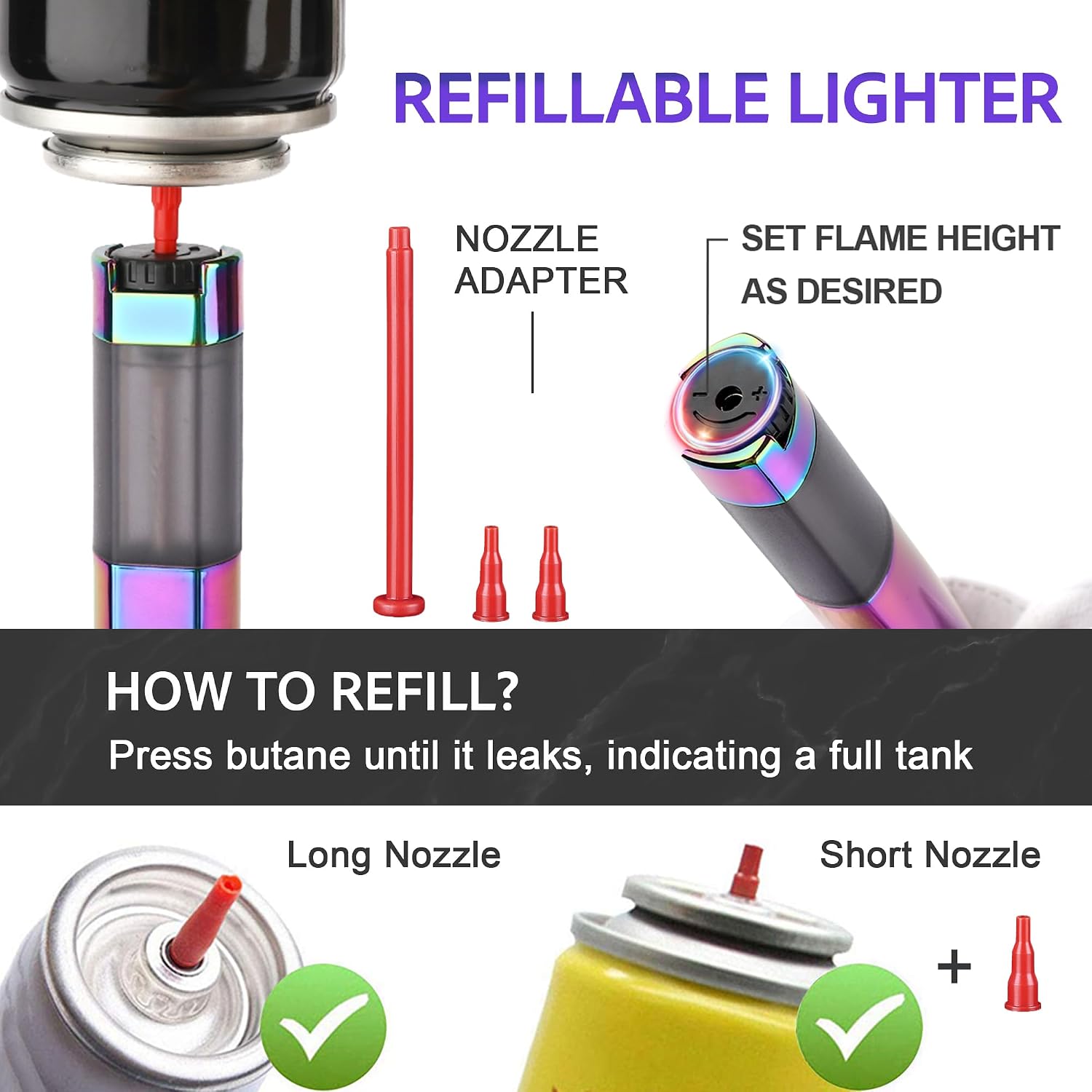 VEXO Torch Lighter Jet Flame Refillable Butane Lighter with Safety Lock, Visible Gas Window, Torch Refill Adapter for Grill BBQ Candle Camping (Butane NOT Included) (Rainbow)