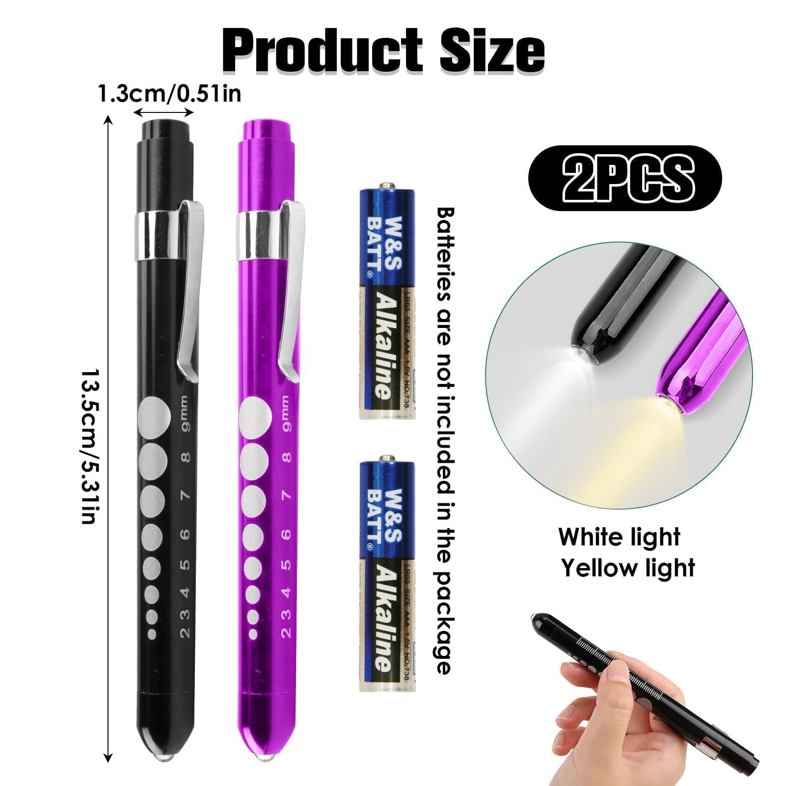 2 Pièces Lampes de Diagnostic Médical, Lampe pupille LED Portátil con Clip de Bolsillo, Luces de Pluma Médicas con 2 Fuentes de Luz LED, Lampe de à LED Réutilisable avec Pupillomètre