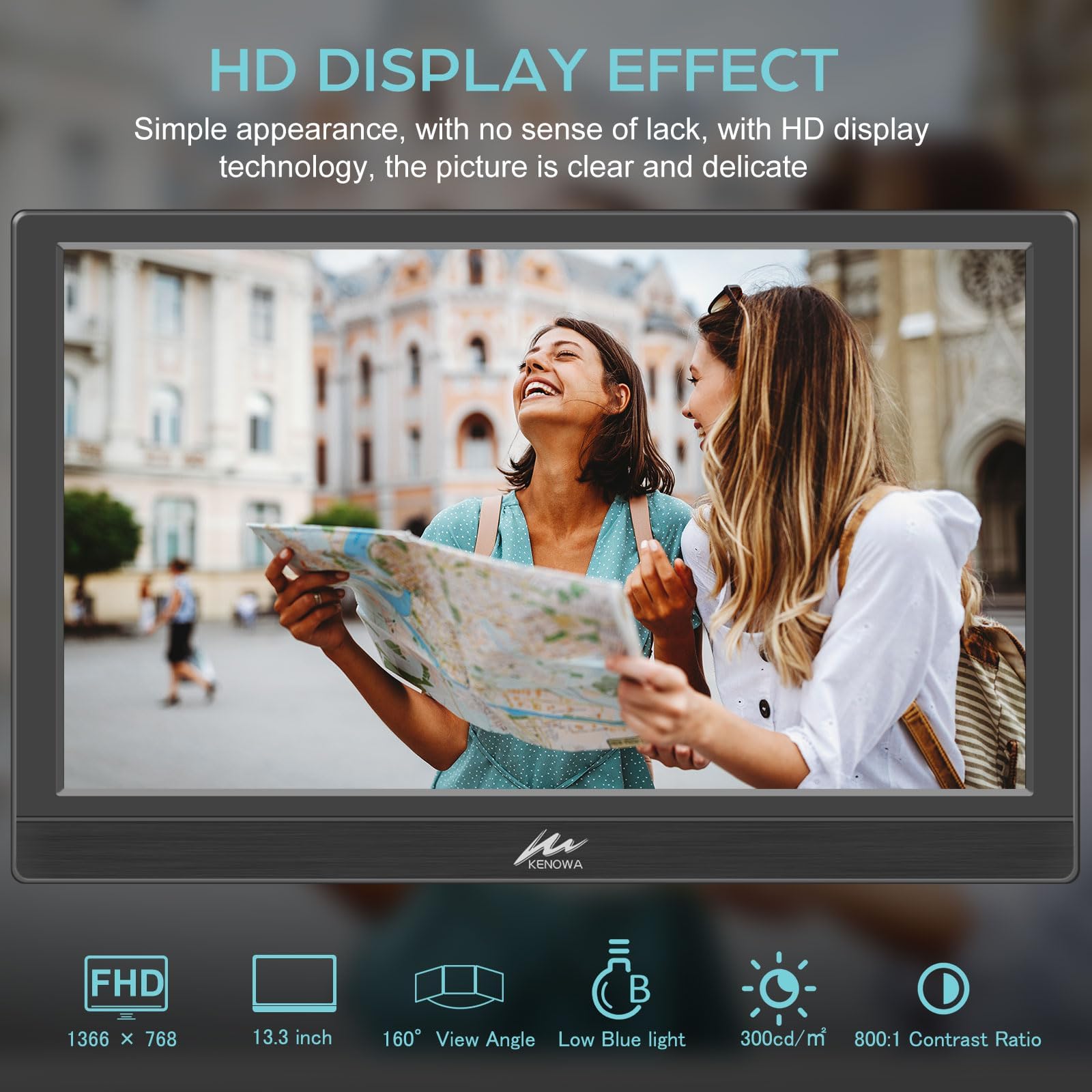 Kenowa Tragbarer Monitor 13,3 Zoll HD 1366x768P LED-Bildschirm Kleiner HDMI-Monitor Eingebauter Lautsprecher und Verstellbarer Ständer HDMI VGA Port, Externes Display für Laptop PC Mac Xbox PS4/5