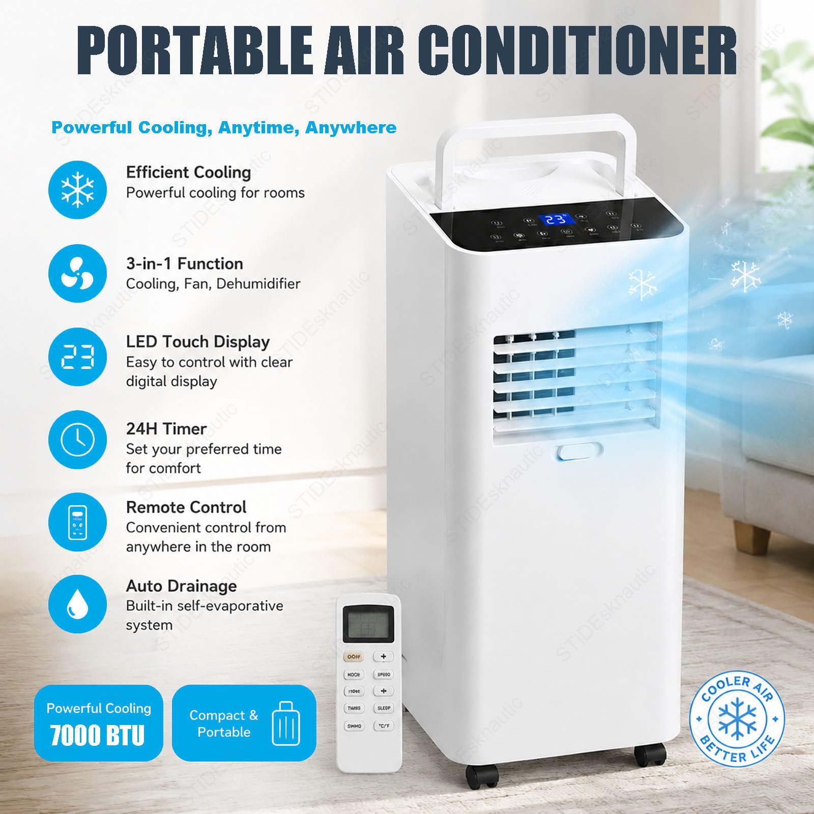 Climatiseur Mobile 4 en 1, Rafraîchisseur d'Air avec 2 Vitesses 7000BTU