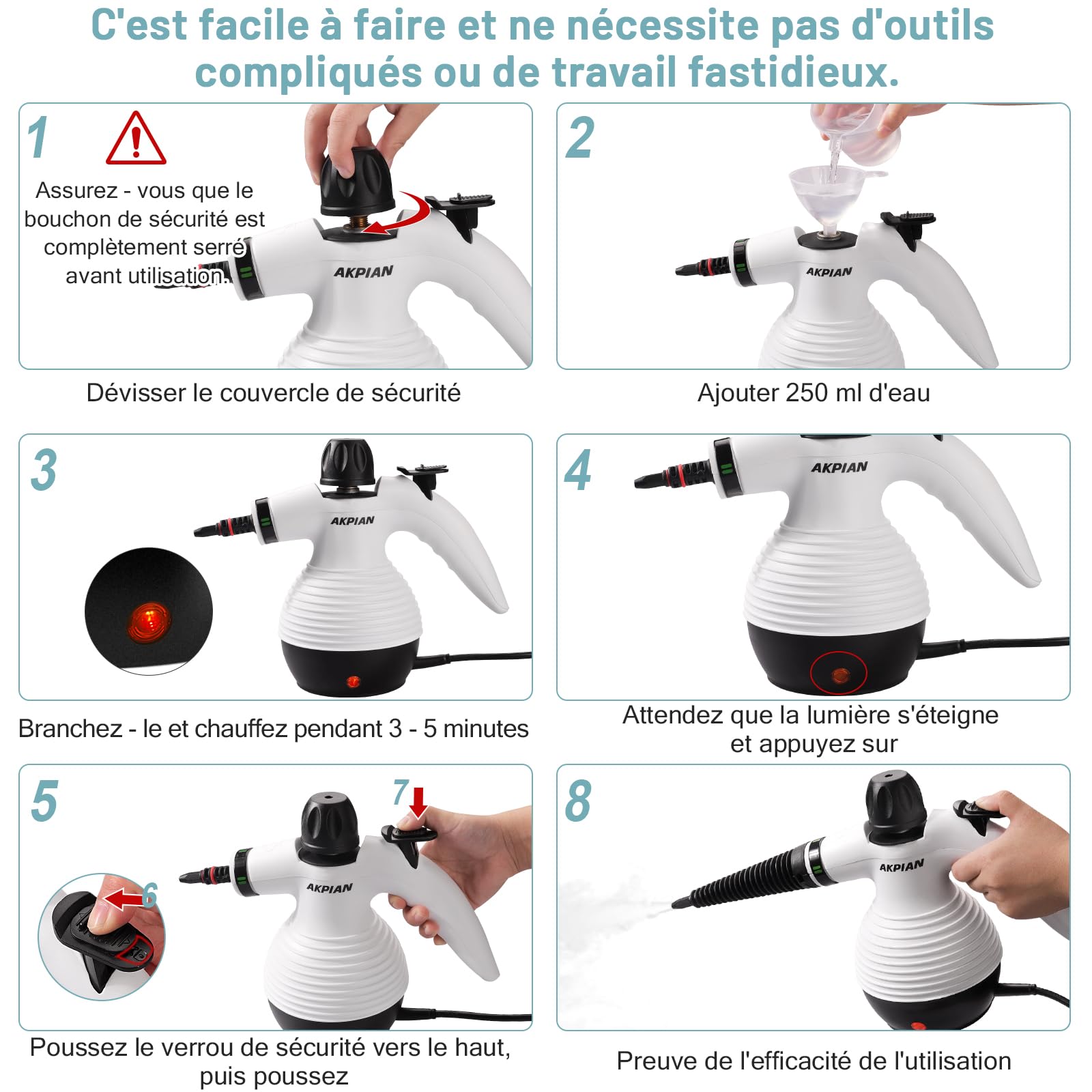 Nettoyeur vapeur manuel 1050 W – Nettoyeur vapeur multifonction avec kit d'accessoires de 10 pièces – Nettoyage sans produits chimiques pour joints de carrelage, cuisinière de cuisine, fenêtre