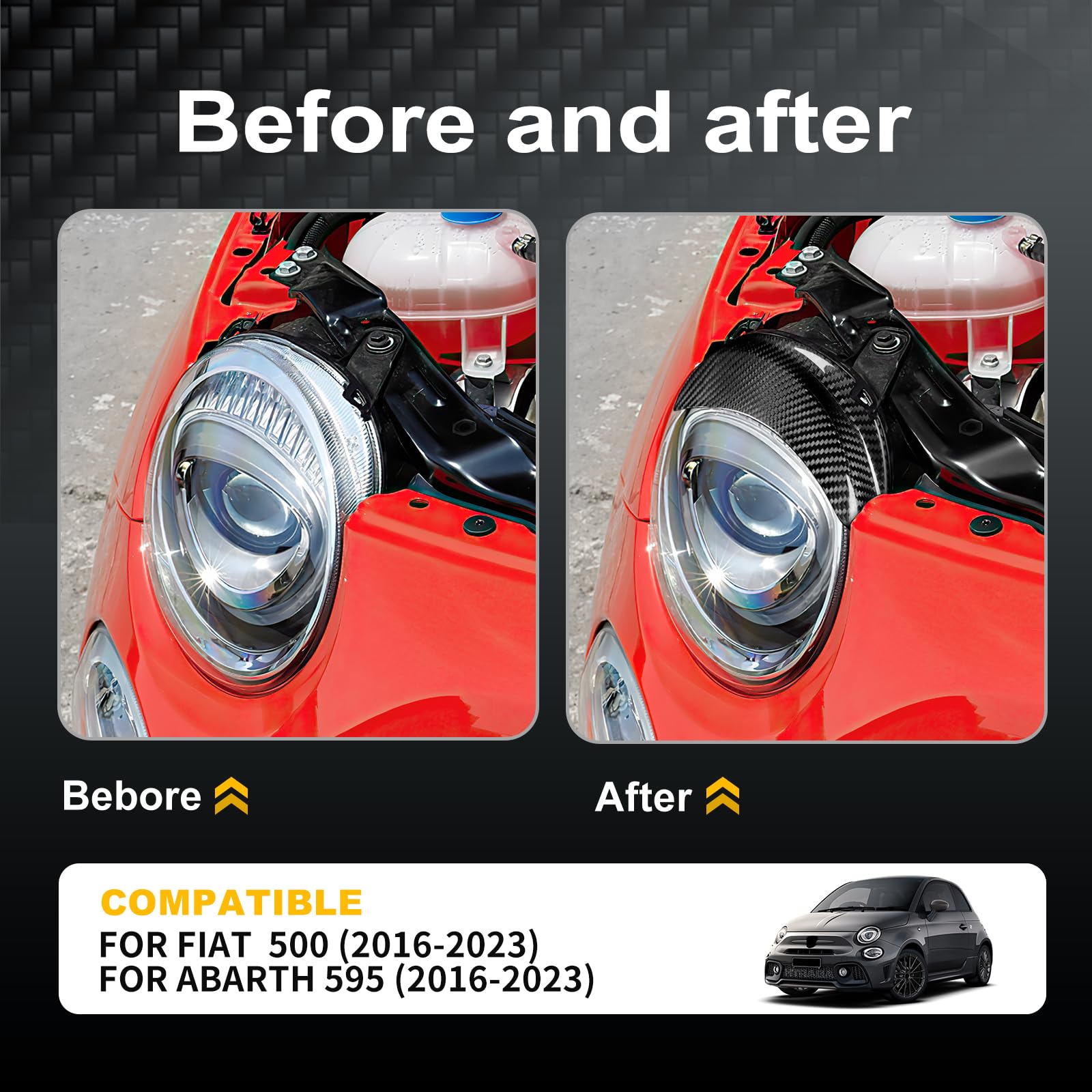 KUNGKIC Real Harte Kohlefaser Auto Scheinwerfer Augenbrauen Augenlid Aufkleber passend für Fiat 500 Abarth 595 2016 2017 2018 2019 2020 2021 2022 2023 Zubehör,2Stück