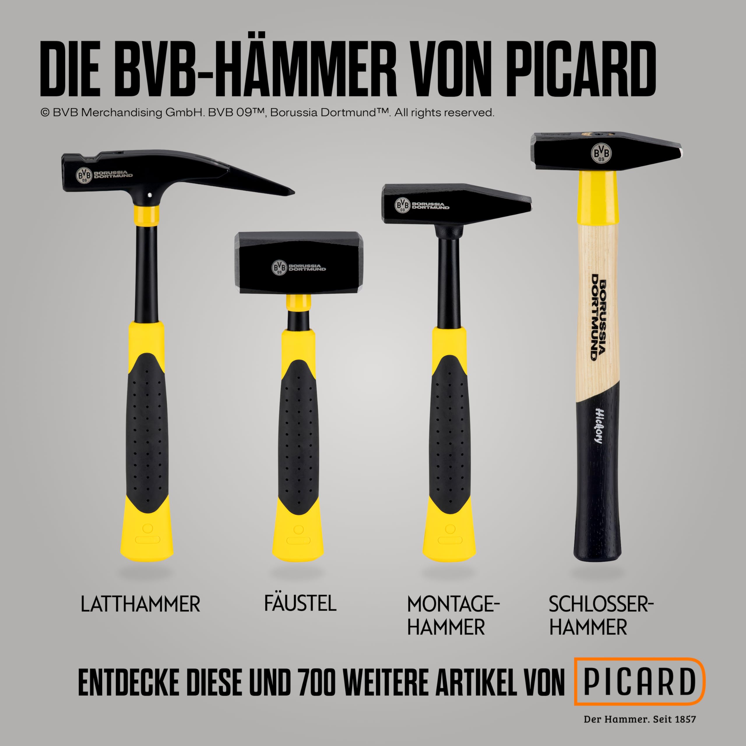 PICARD Martello da carpentiere BVB Edition n. 620M | Martello da carpentiere in design ufficiale del Borussia Dortmund | Prodotto con licenza per veri fan del Borussia | Martello per professionisti |