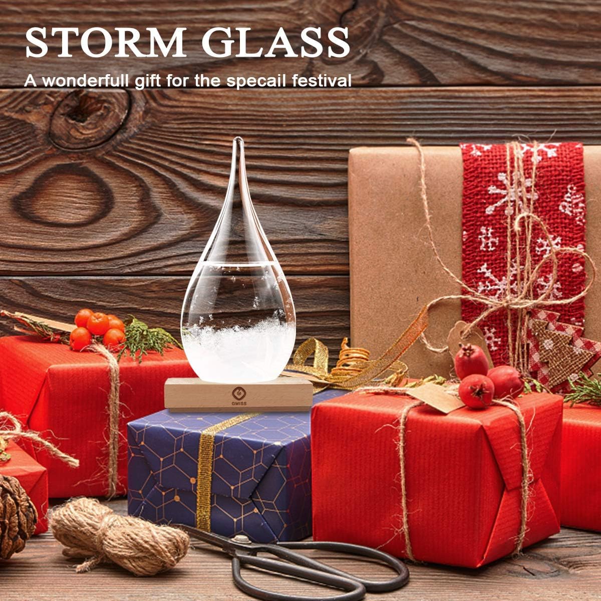 Weihnachtsgeschenke, Sturmglas, Wettervorhersage, Holzsockel, tropfenförmige Vorhersagedekoration, Heimbüro, Wissenschaftsdekoration für Familie und Freunde, einzigartiges Urlaubsgeschenk (L)