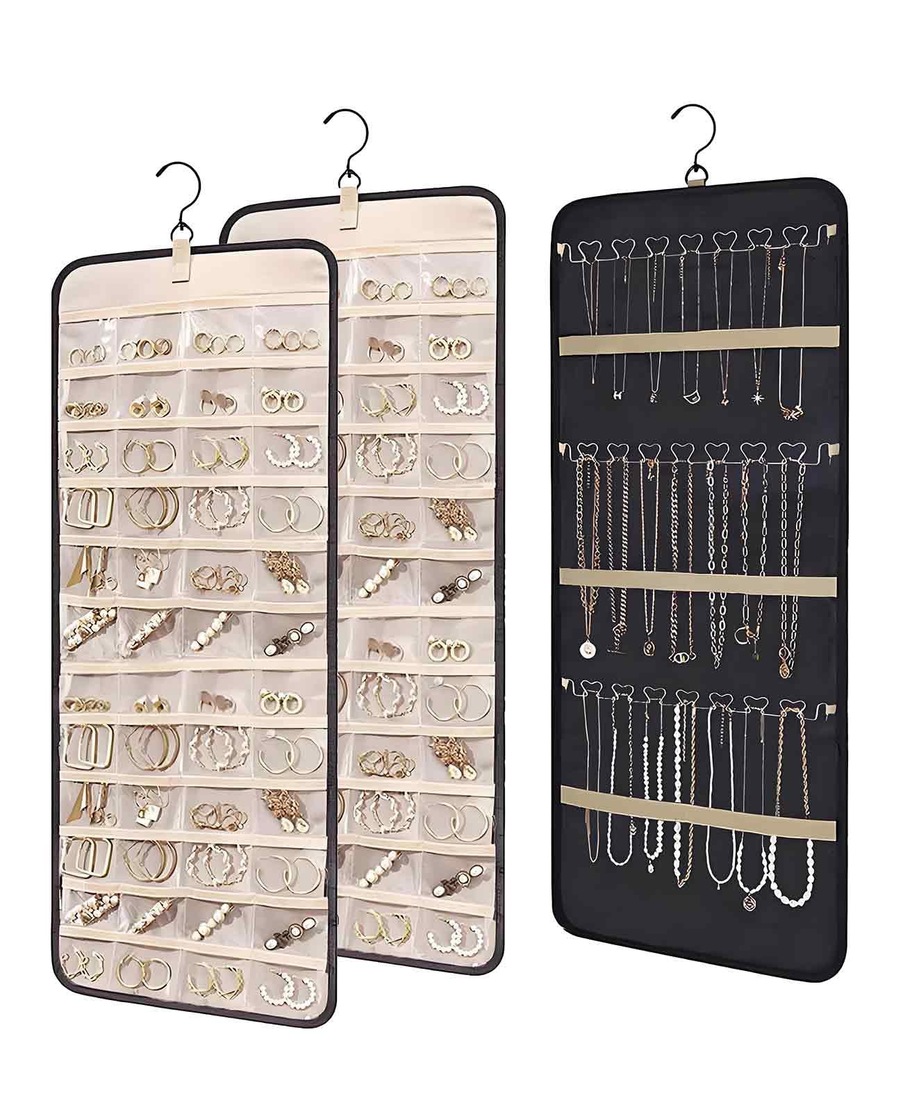 Waaqkid 2 Pack Hanging Jewelry Organizer for Closet, Double Sided 36 Necklace Hooks 48 Pockets Holder