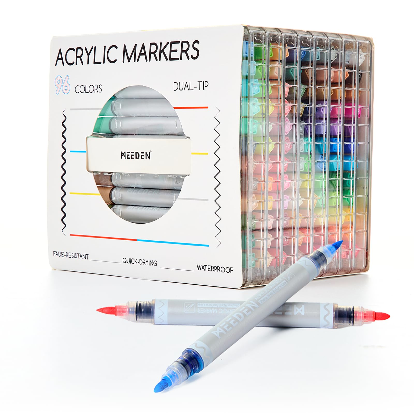 MEEDEN Artist Acrylic Paint Markers: 96 Colors Dual Tip Acrylic Marker with Brush & Round Tip - Quick Dry Paint Pens Markers with Automatic Ink Control for Wood, Canvas, Glass, Rock, Fabric, Ceramic