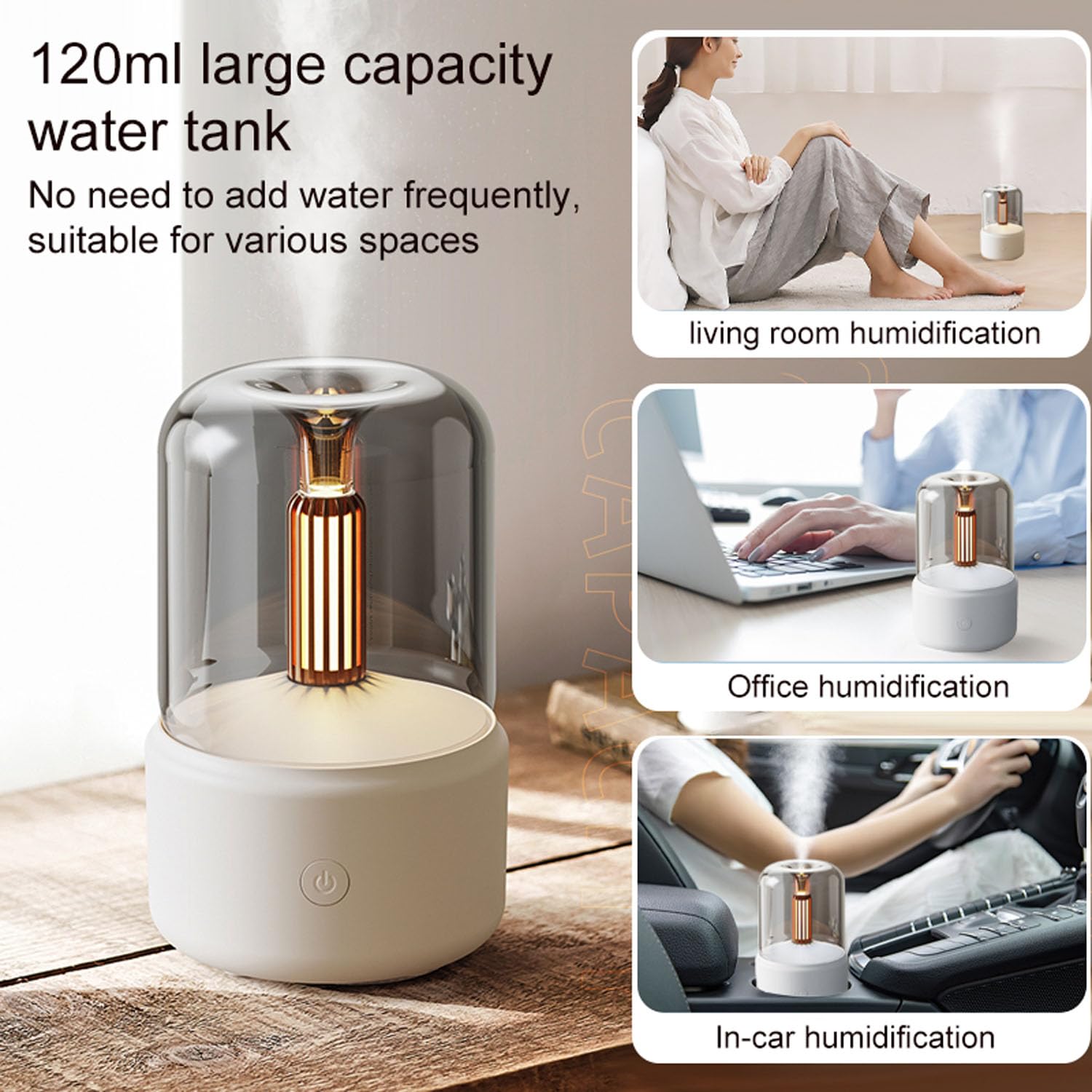 Difusor de Aceite Esencial de Aromaterapia Humidificador de Aire de Niebla Fría Luz Ambiental de Escritorio con Velas Luz Nocturna Decoración Hogar, 120ML
