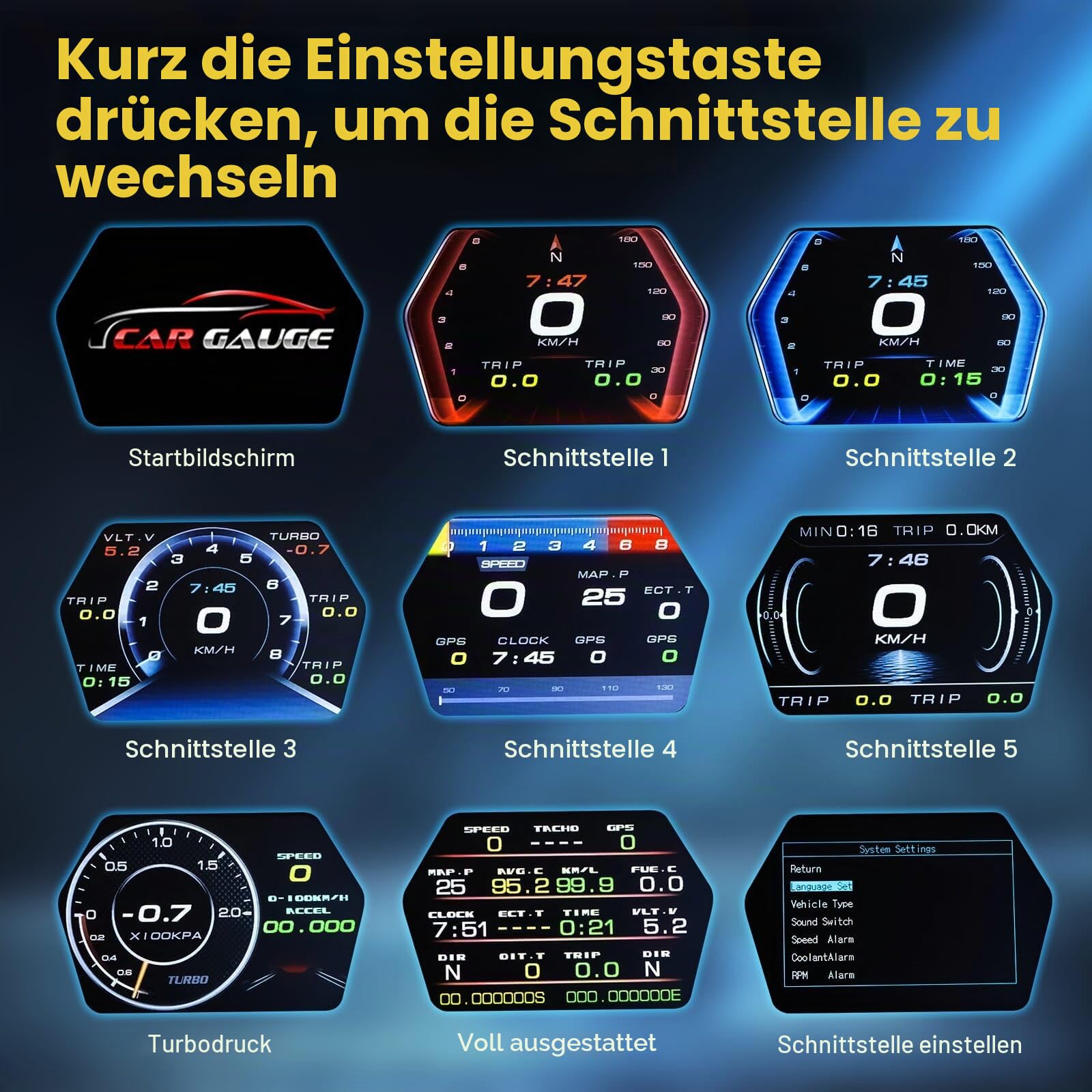 SIXTOP OBD2 GPS Dual System 3 Zoll Auto-HUD-Display - Digitaler Tachometer mit Wassertemperatur-, Spannungs- und Drehzahlmesser - Universelles Head-Up-Display für alle Fahrzeuge