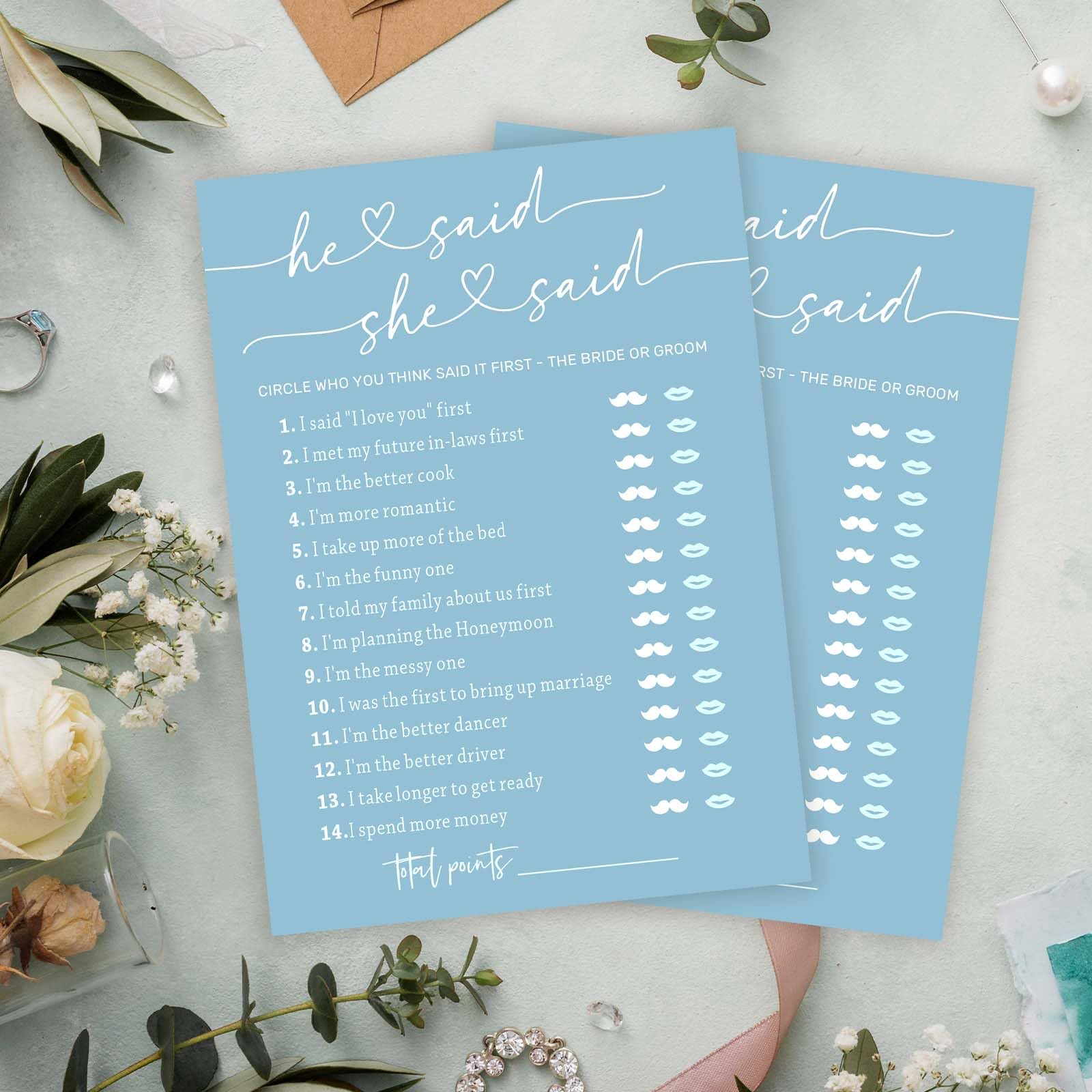 Cazhes Minimalist Bridal Shower Games, Light Blue He Said She Said Game, 30 Wedding Bachelorette Engagement Party Decorations Supplies Favors - A08
