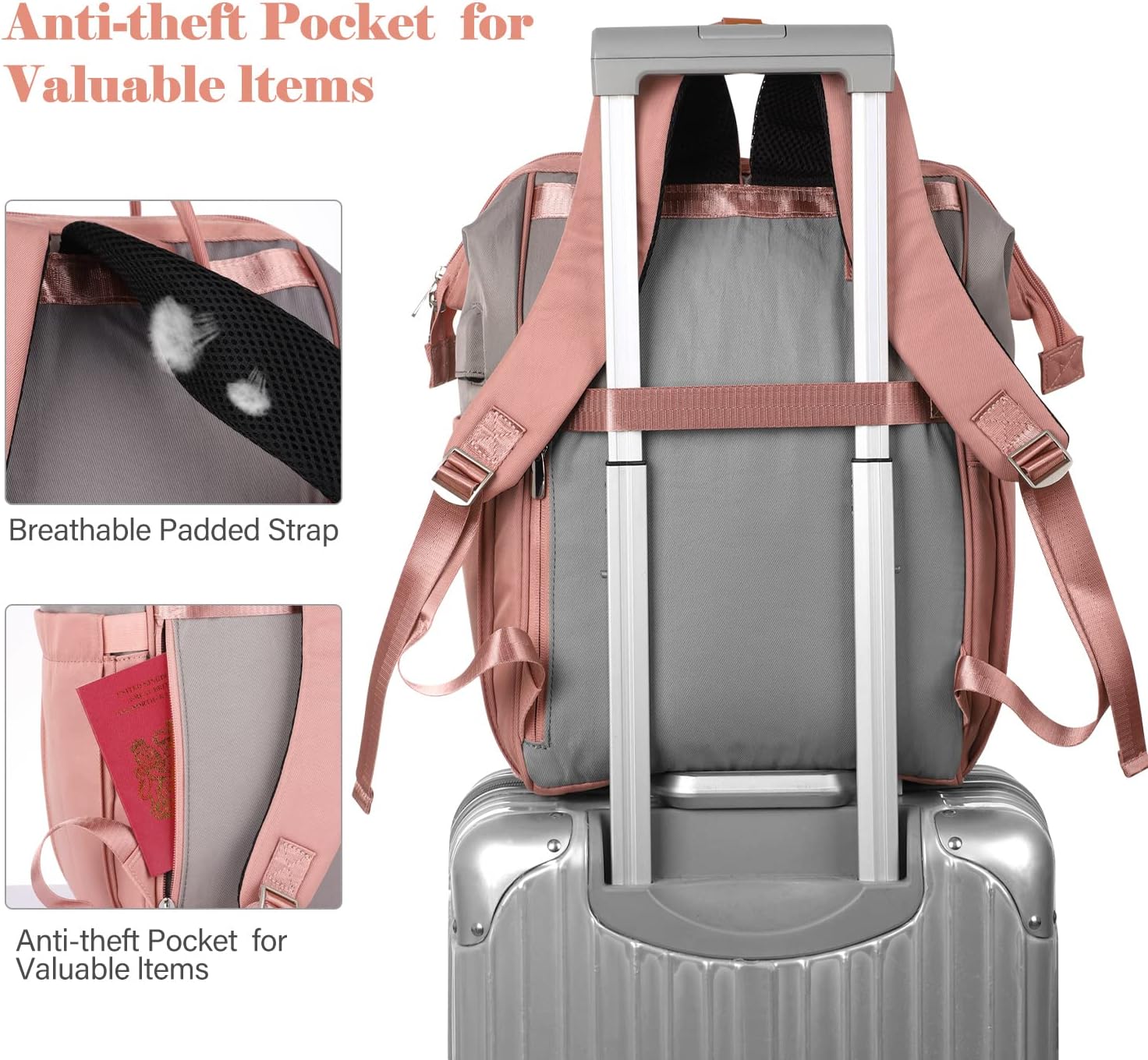 MOMUVO Laptop Backpack for Women with USB Port, Student Bookbag Water Resistant Backpacks Teacher Doctor Nurse Work Stylish Travel Bags, Fits 17-Inch Laptop,Pink