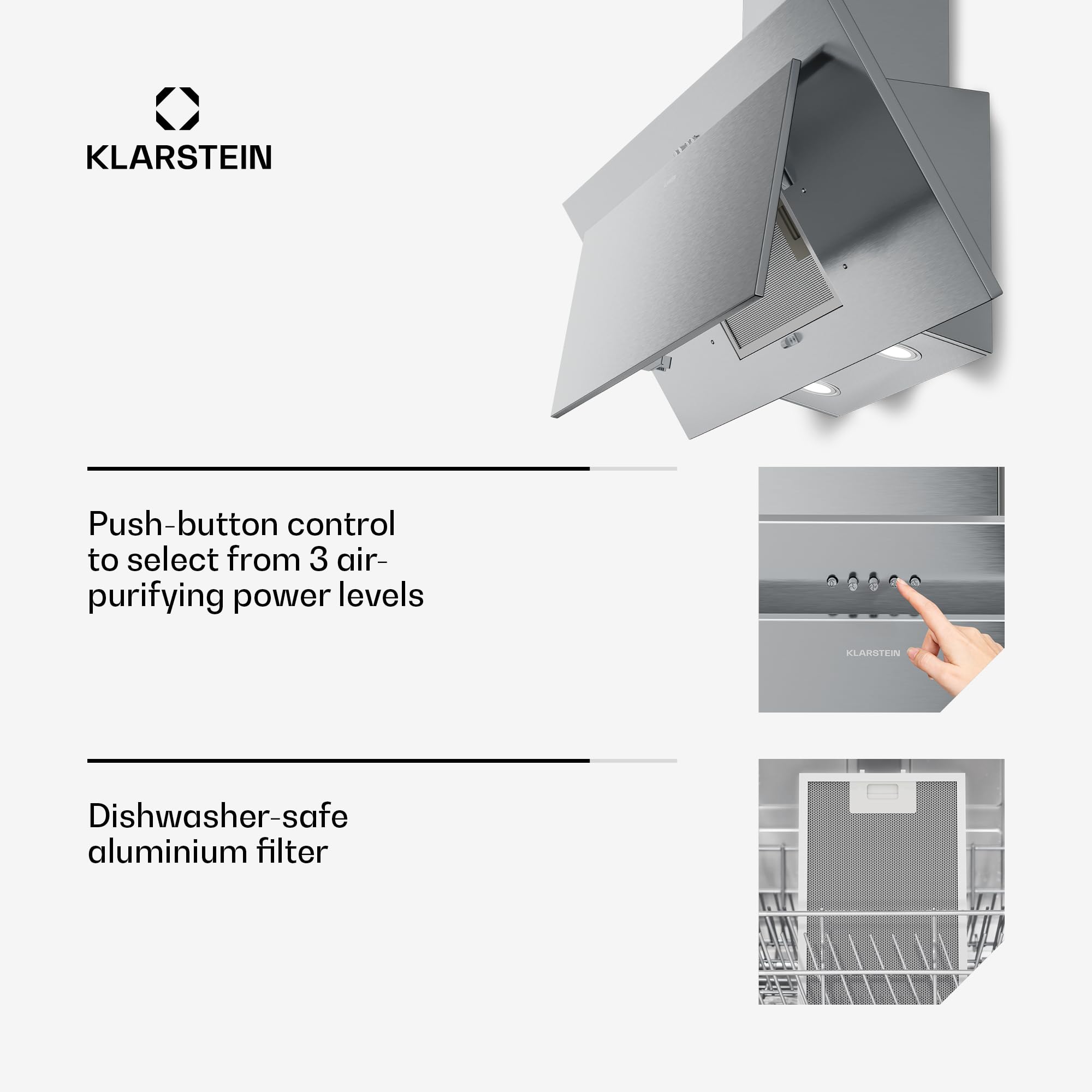 Klarstein Athena Kopffreihaube 90 cm – 254 m³/h, A+++, LED-Beleuchtung, 3 Stufen & Boost, Abzugshaube Küche, Umluft & Abluft, leise, Aluminium- & Aktivkohlefilter, modernes Design, Edelstahl