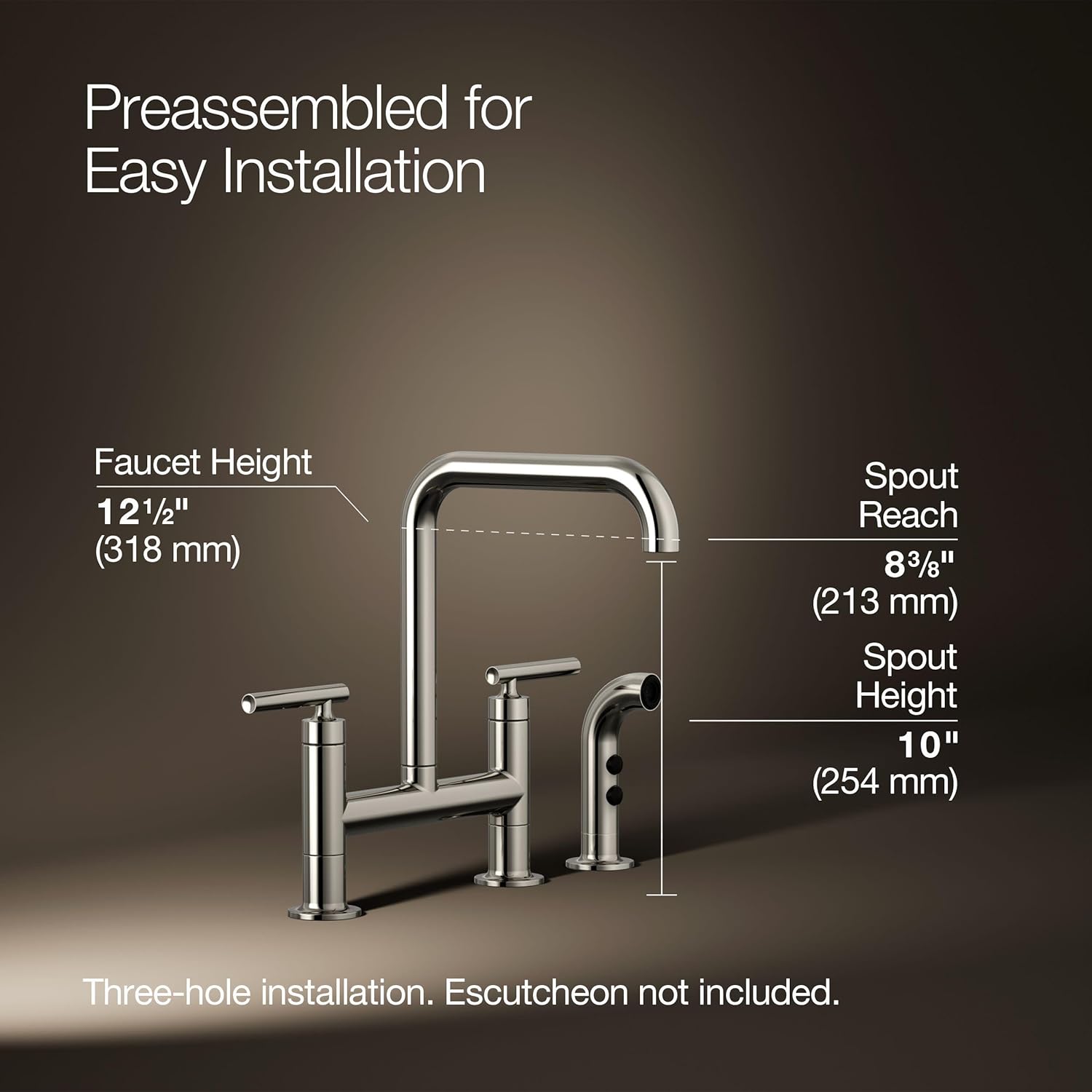 KOHLER Purist Two-Hole Bridge Kitchen Sink Faucet With Side Sprayer