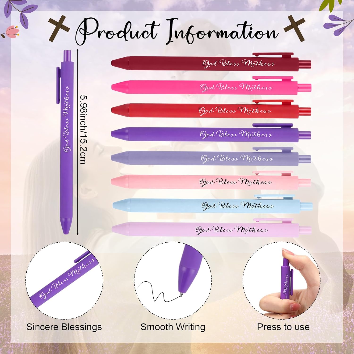 Resurhang 50 Set Mothers Day Christian Gifts for Church God Bless Mothers Pens 8 Color Ballpoint Pen Bible Verse Silicone Keychains Inspirational Card Religious Gifts For Women Members