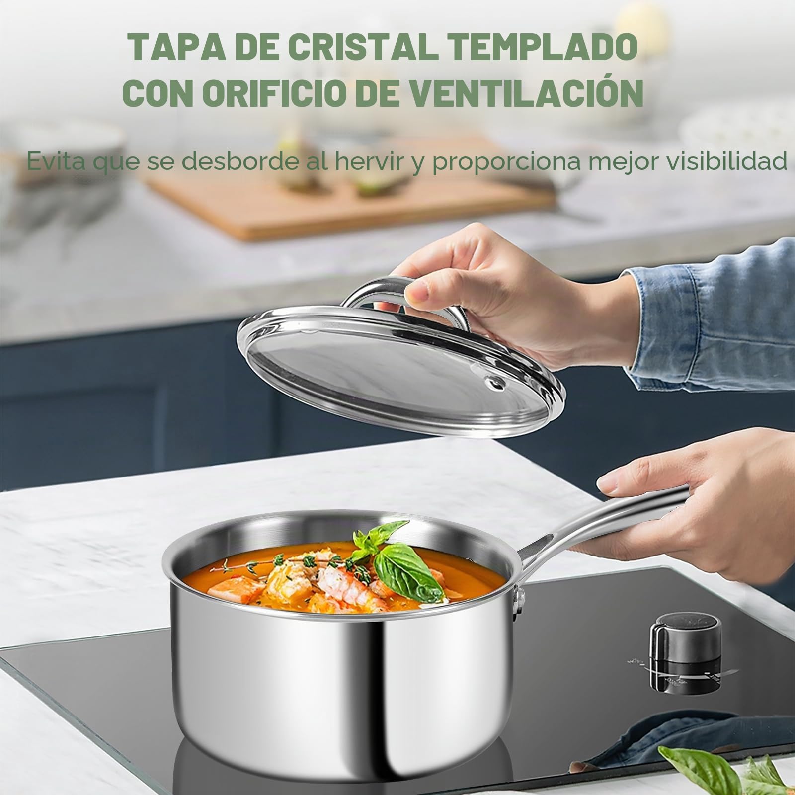 EWFEN Juego de utensilios de cocina de acero inoxidable de 3 capas con tapas, ollas y sartenes, no tóxico, inducción, horno, lavavajillas, calidad profesional