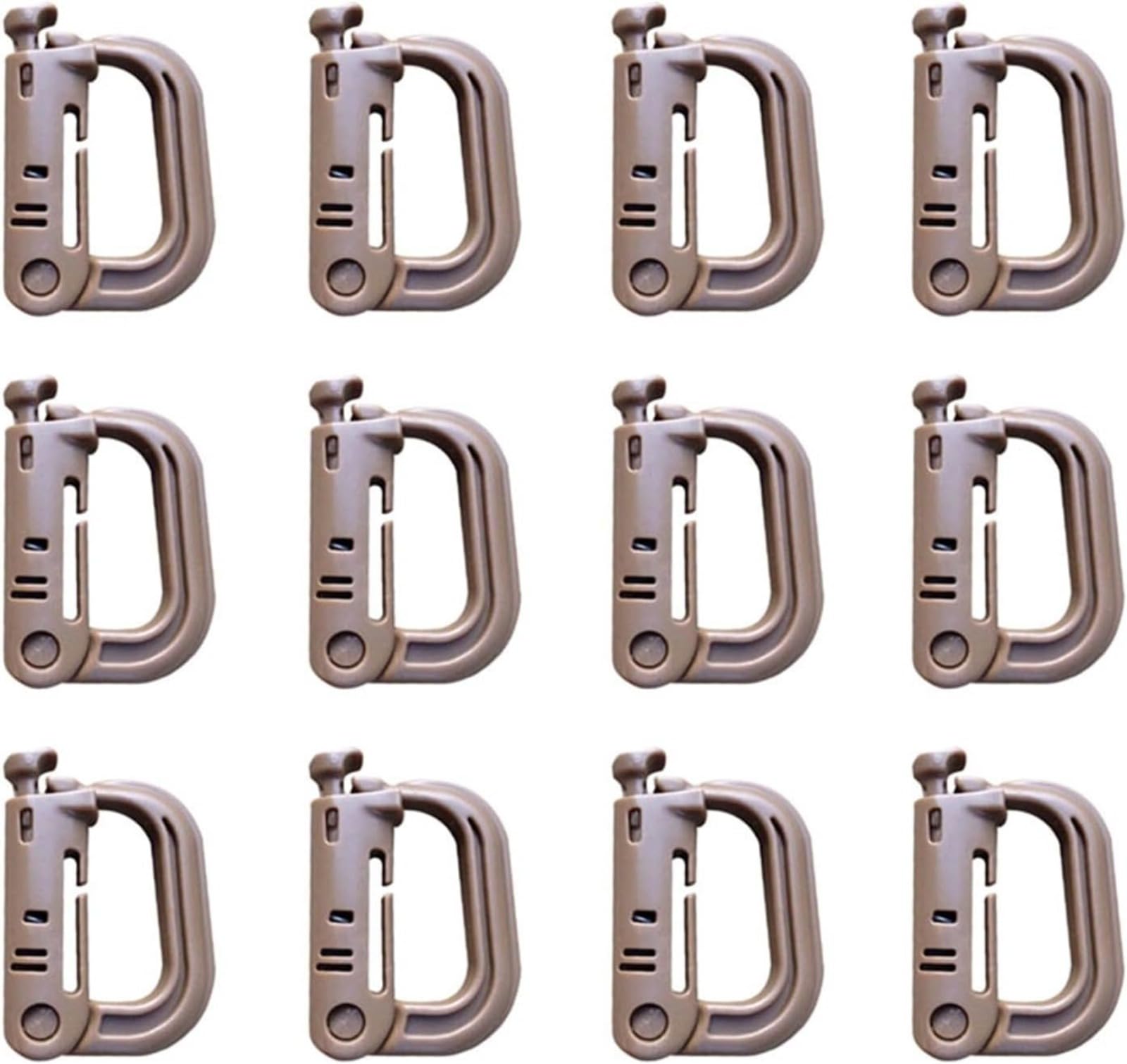 Mosquetón táctico con anillo en D, paquete de 12 clips de utilidad del sistema Molle, accesorios de plástico ligero de liberación rápida, para mochilas Molle, chalecos tácticos, camping, senderismo