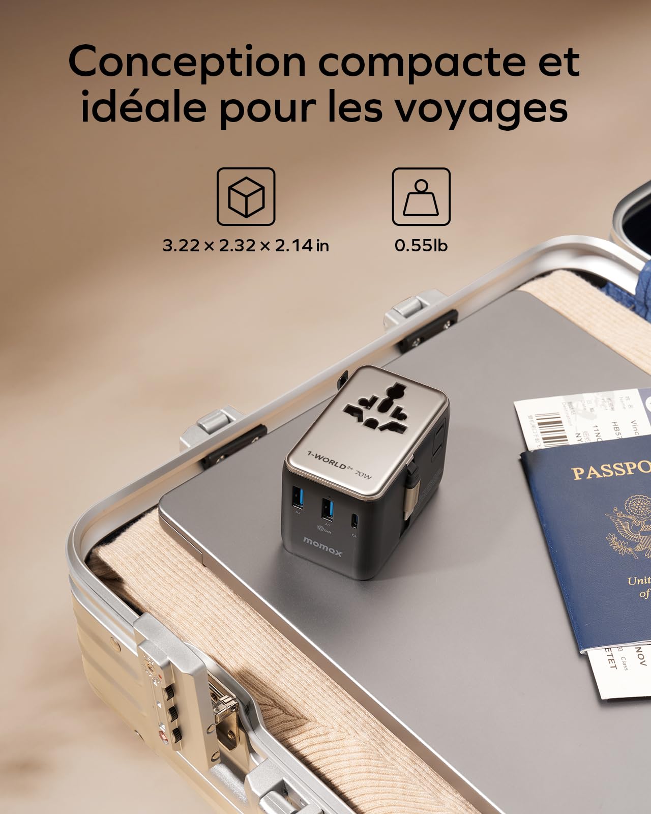 MOMAX Adaptateur de Voyage 70 W avec Câble Extensible, Compatible avec Le Monde Entier, Doté de 2 Prises Secteur, 2 Prises USB-A et 2 Prises USB-C. Adaptateur de Voyage International - Titane