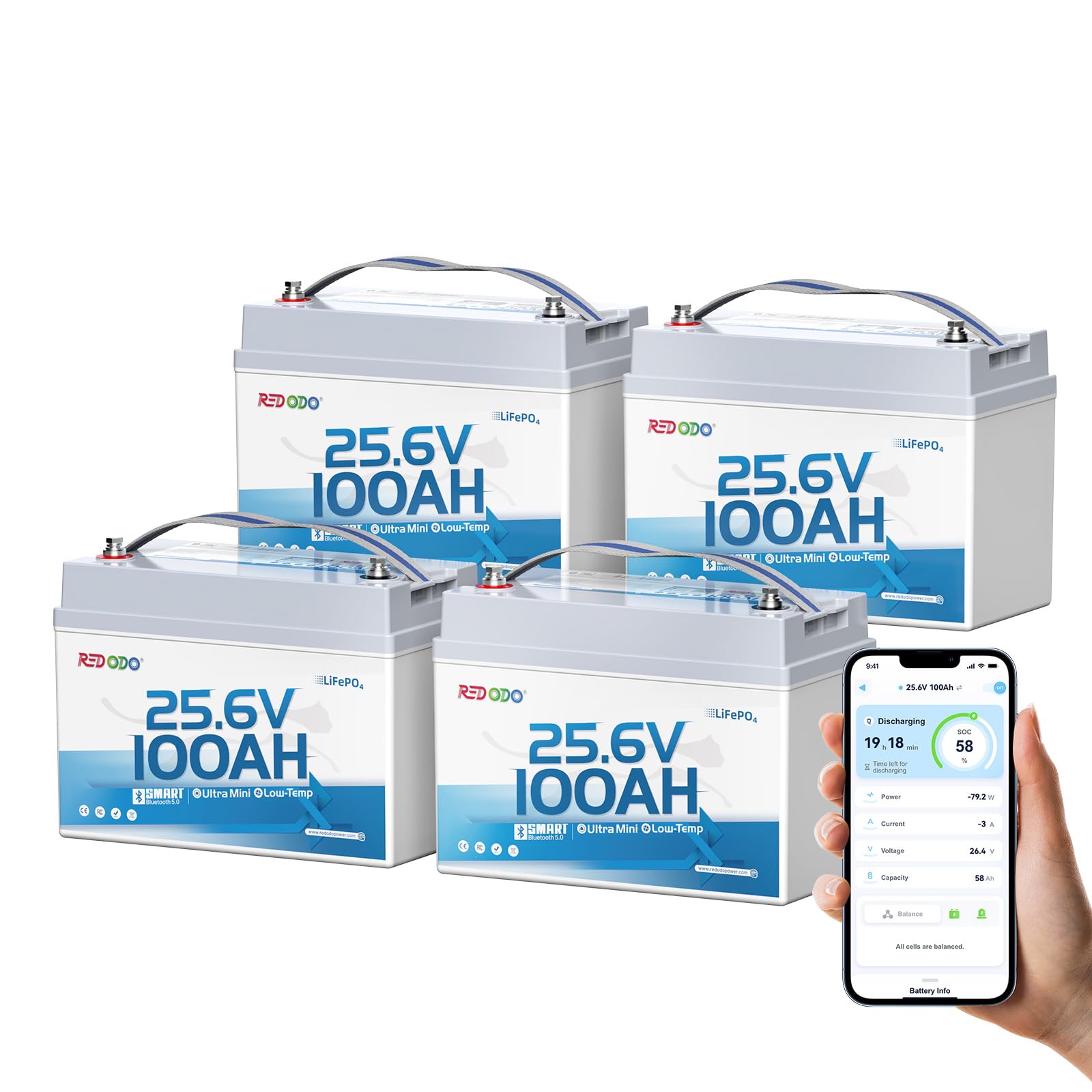 Redodo 24V 100Ah Mini Bluetooth LiFePO4 Battery, 4 Pack
