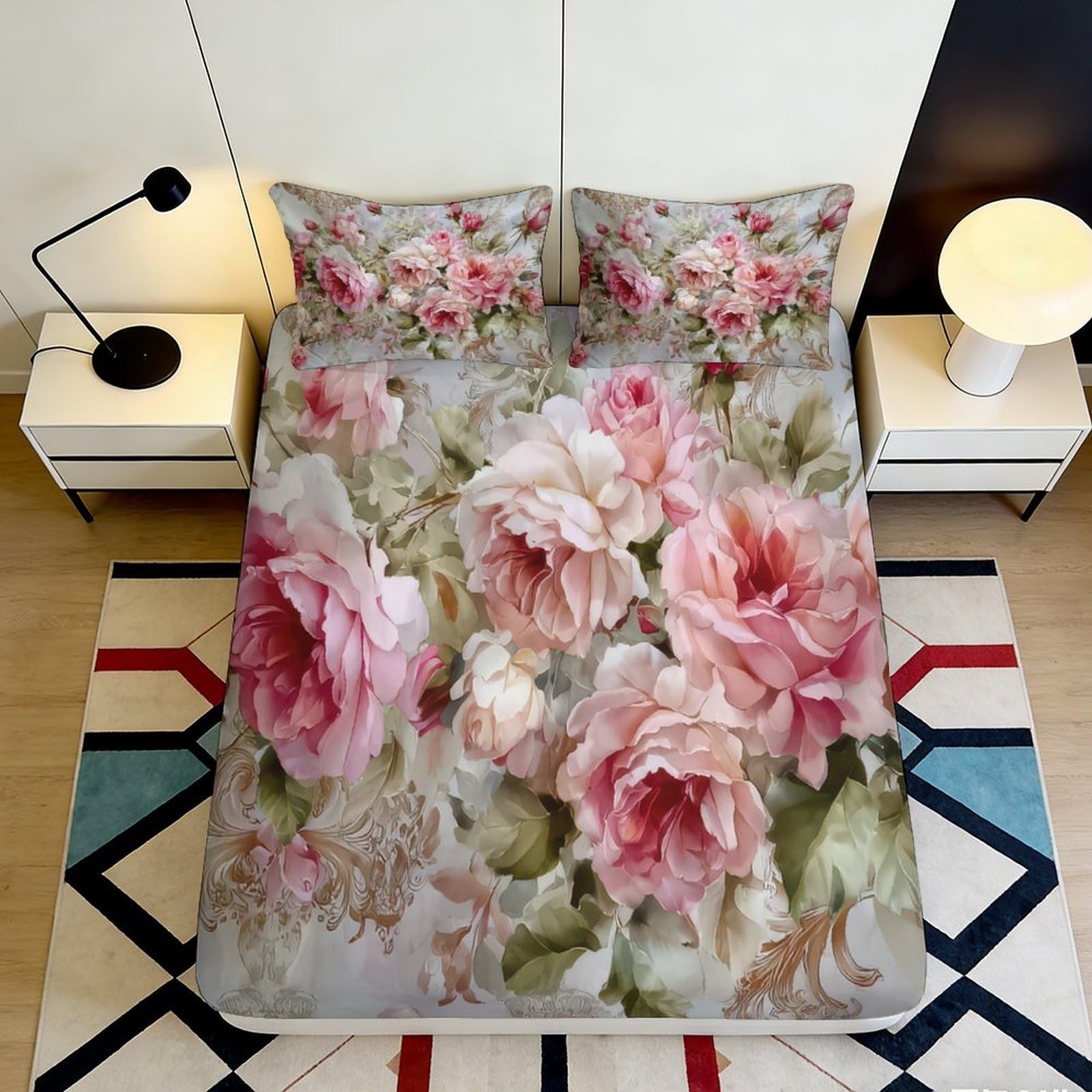 3D Printed Rose Design Fitted Sheet Microfiber Deep Pocket Bedroom Bedding for Adults Youth Rose Mattress Fitted Cover Non-Slip Wrap 200x200x25cm 90x200x25cm