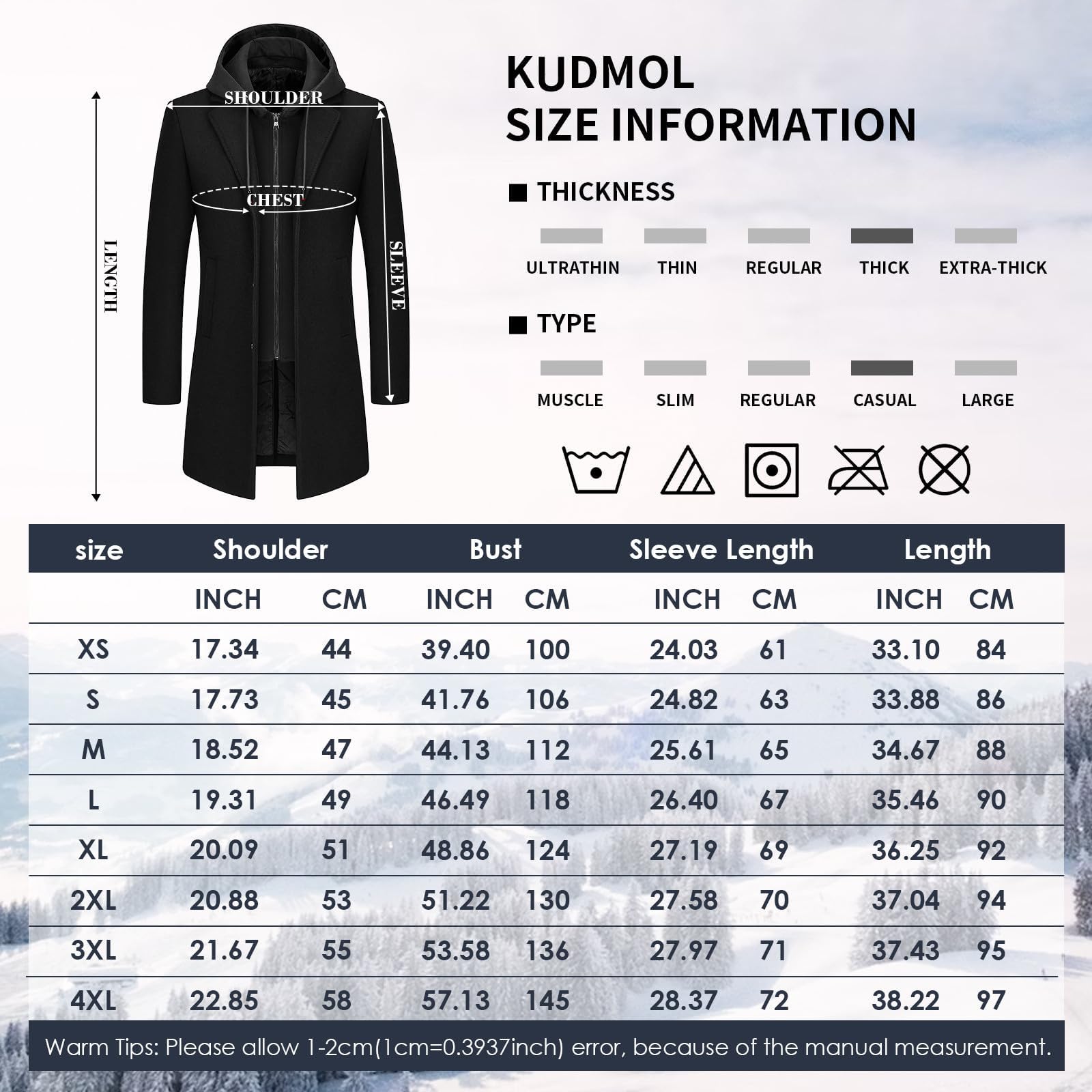 Cappotto da uomo in lana con cappuccio rimovibile e caldo, lungo trench, per l'inverno, capanna parka da uomo, slim fit, Nero , XS