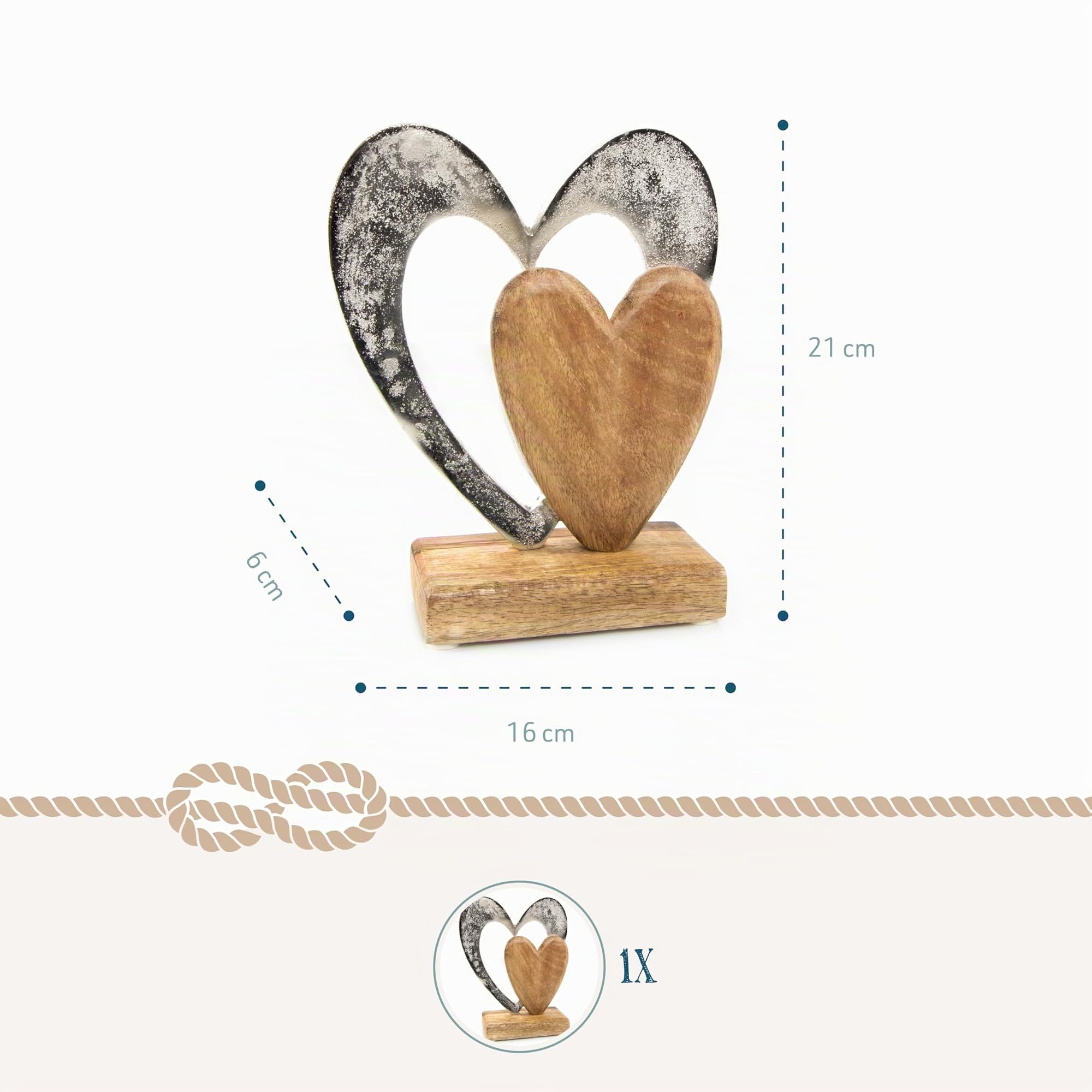 Statua decorativa cuore: figura decorativa da appoggio, scultura in metallo e legno, regalo matrimonio, compleanno e San Valentino, decorazione soggiorno moderna, soprammobile cuore, 21 x 16 x 6 cm