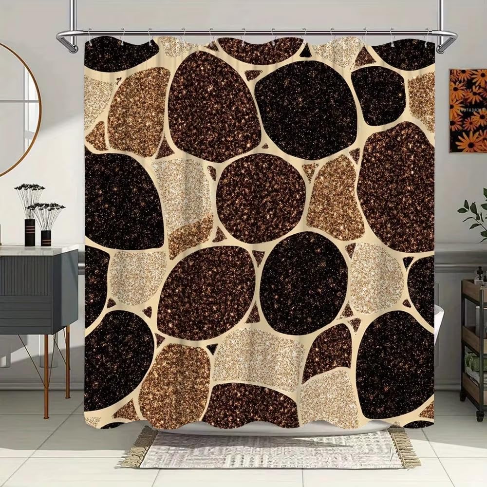 KELAIMI Brown Gold Glitter Geometric Shower Curtain, Luxury Modern Bathroom Curtains,Waterproof Machine Washable Bathtub Curtains with Hooks Brown 200X240Cm