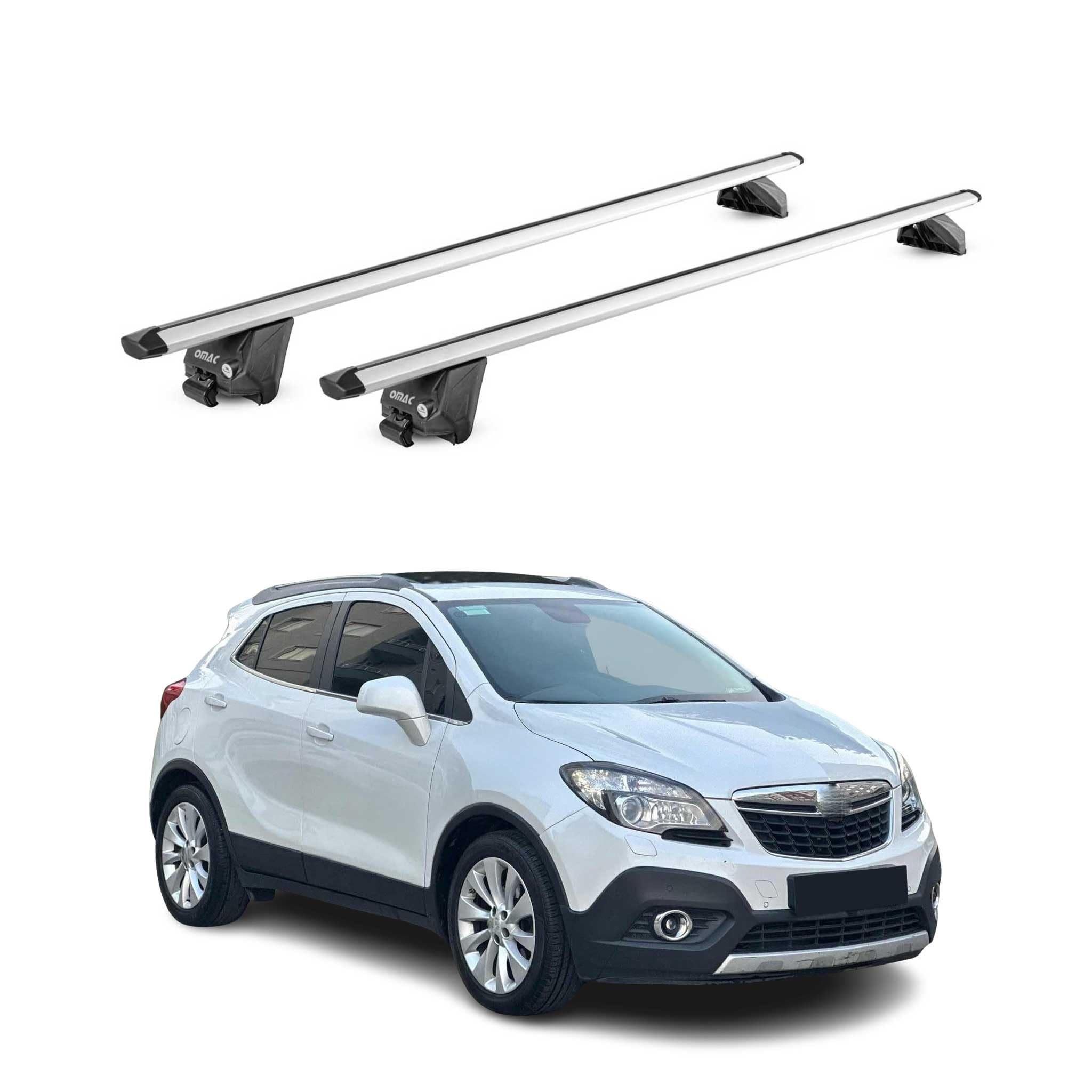 OMAC Barras de Techo Aluminio TÜV geprüft para Opel Mokka I 2012-2019 – para Barras Integradas – T Nut – MAX 100 kg – 2 Schlösser Plata