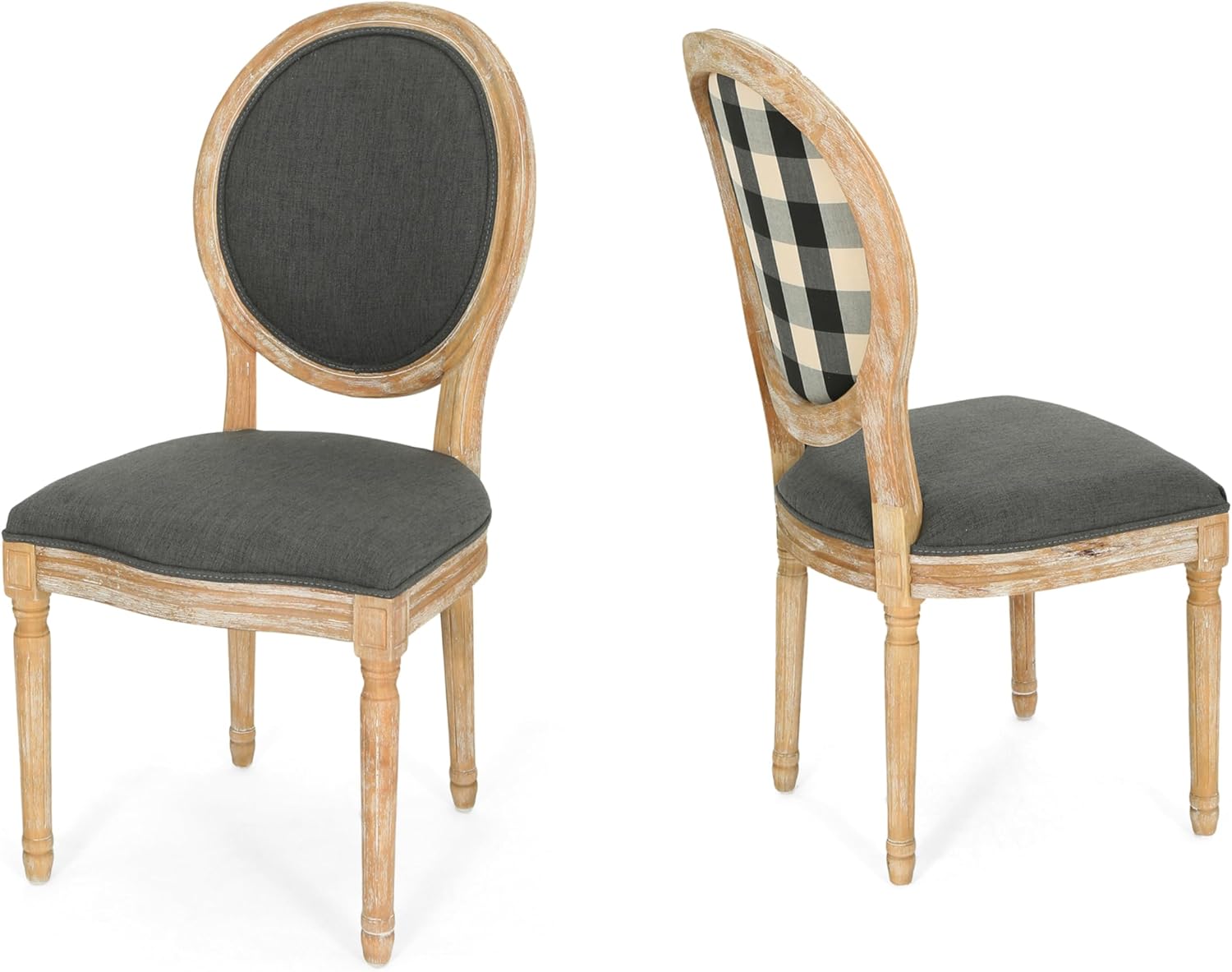 Christopher Knight Home Reed Upholstered Farmhouse Dining Chairs, (Set of 2), Dark Gray + Black Checkerboard + Natural