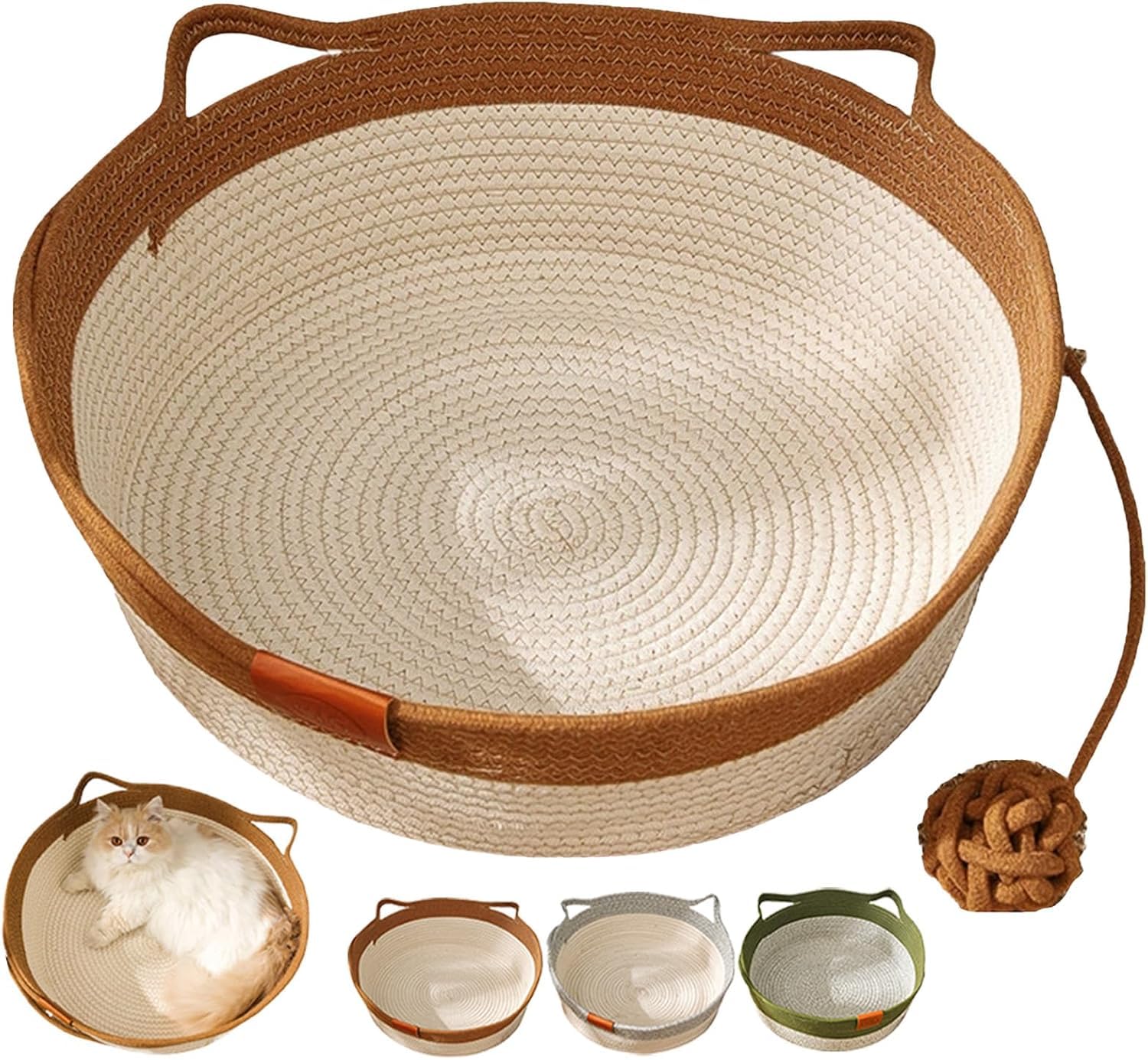 Woven Cat Bed with Scratching Sides & Hanging Rope Ball, Washable Linen Round Cat Basket with Handles for Indoor Cats & Small Dogs, 35/42/48 cm, Brown/Grey/Green (Brown, 35)