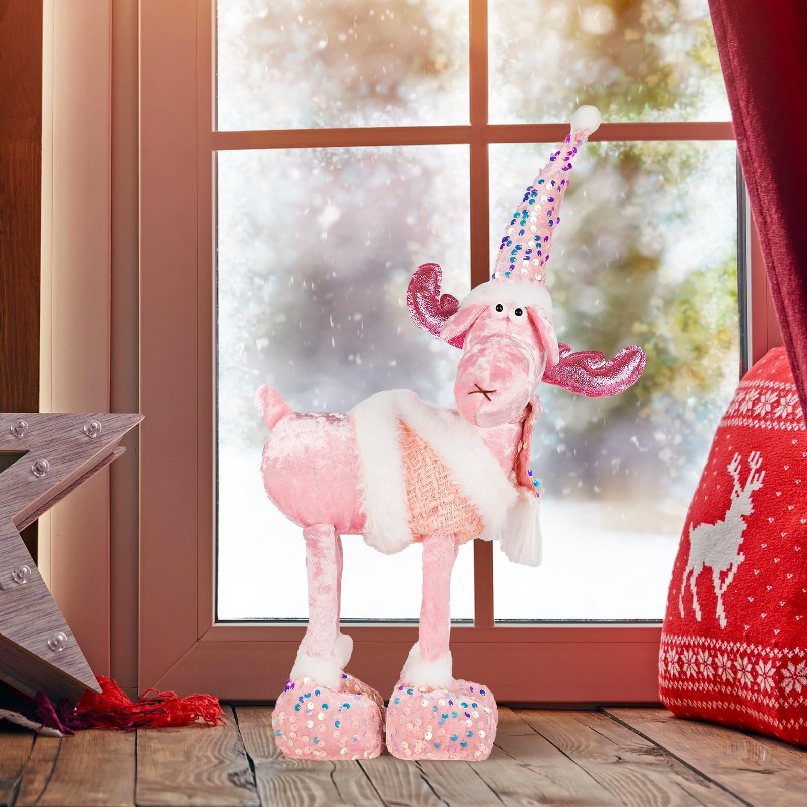 MACTING Christmas Moose Decorations, Christmas Ornaments Plush Toy Reindeer 14.5 X 7.5 Inches for Tabletop Home Indoor Xmas Gift Xmas Decorations(Pink)
