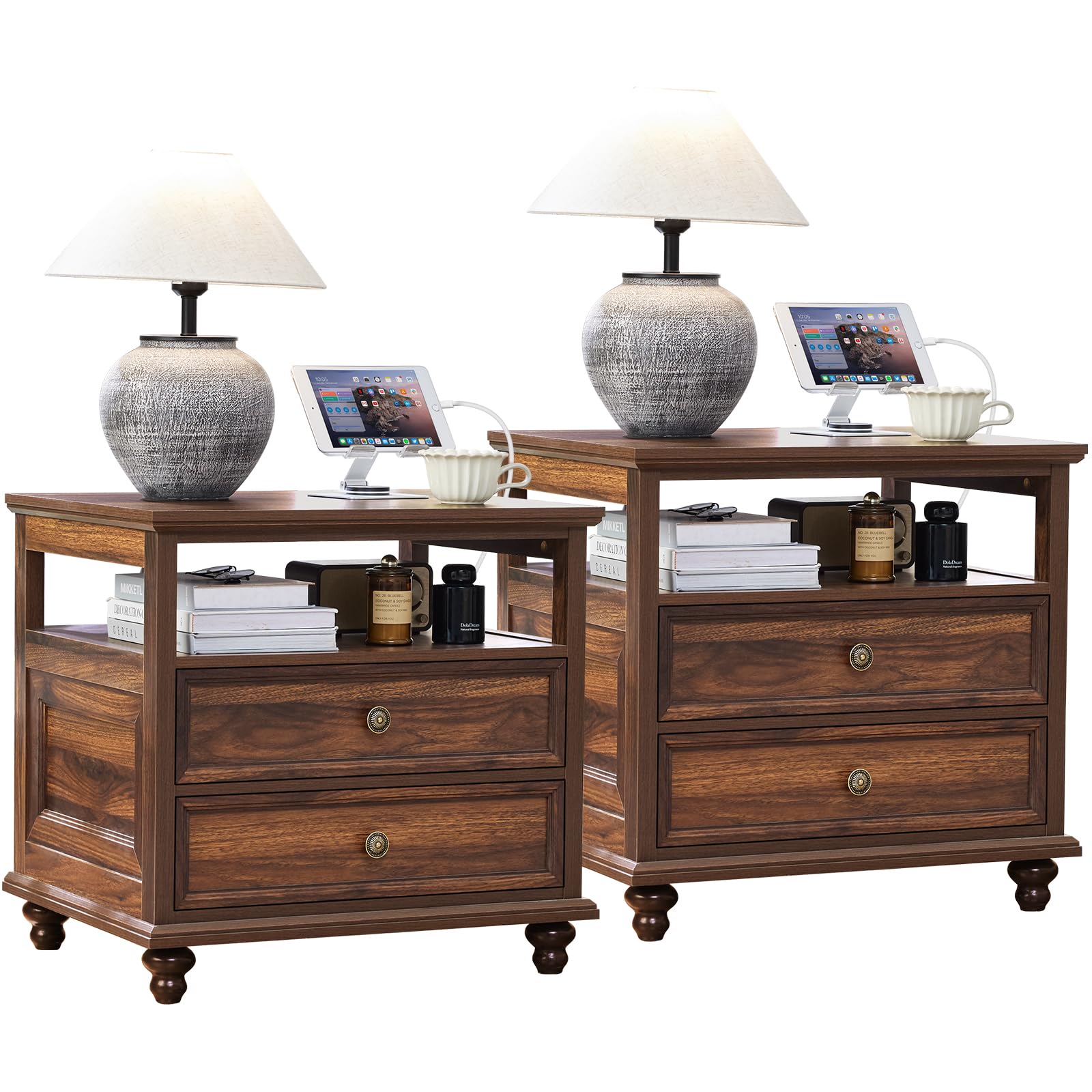 Joaxswe 24" Wide Farmhouse Night Stand Set of 2,Large End Table with 2 Drawers &amp; Metal Handle,Brown Wood Dresser for Bedroom, Bed Side Table Chest of Drawers Cabinet, Nightstand for Living Room,Closet