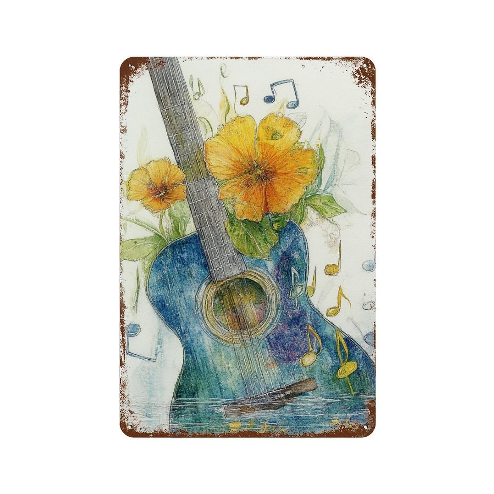 Garage Style Guitar with Flowers Art Print Distressed Metal Wall Sign 11.8"x7.9", Novelty Wall Decor for Bar And Workshop