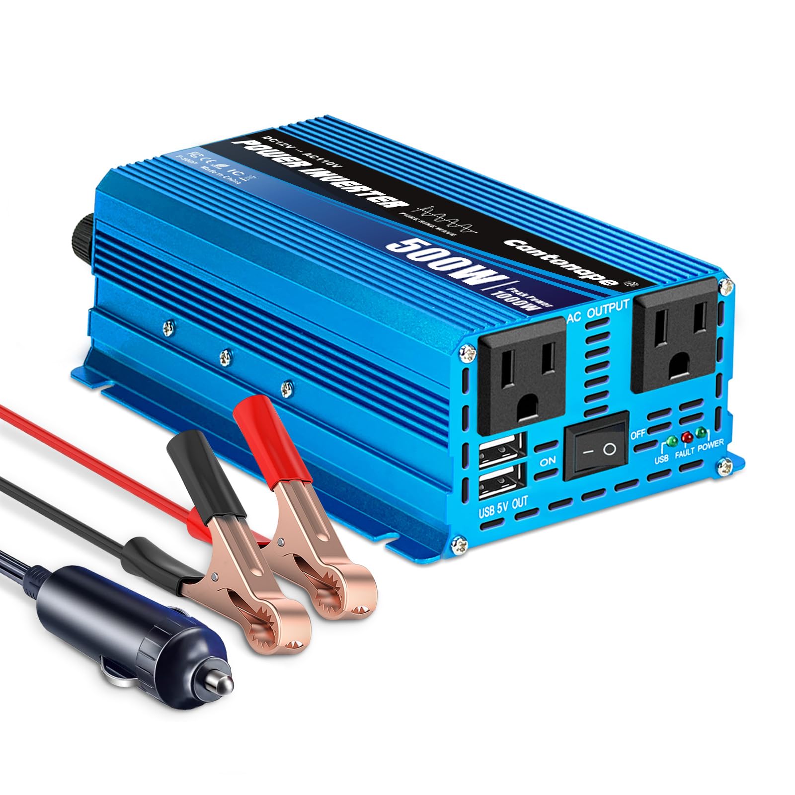 500W Pure Sine Wave Inverter 12V DC to 110V/120V AC Power Inverter Converter with 3.1A Dual USB Ports Car Charger Adapter and Cigarette Lighter Plug for RV, Truck, Vehicles