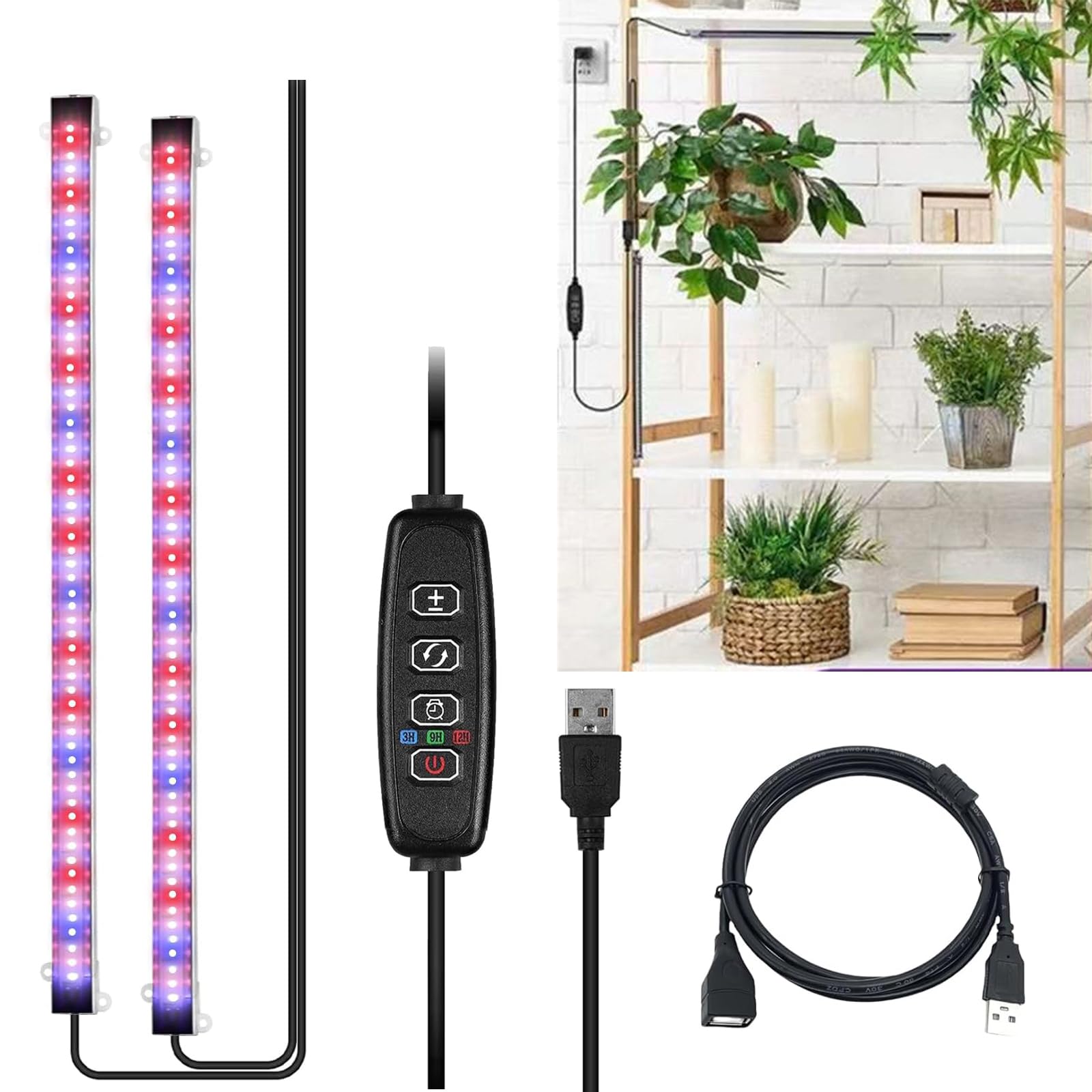 2-branched Grow Lights for Indoor Plants 5000k/660nm/450nm Growing Lamps Full Spectrum Plant Auto ON & Off Timer 3/9/12H 3 Modes White/Red/Blue Lights 10-Level Dimmable use for Small Plants