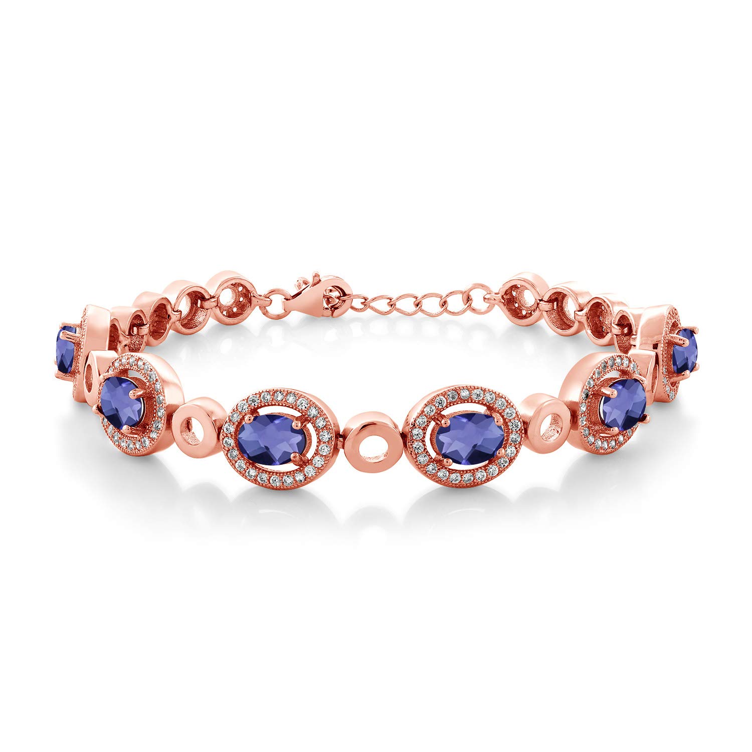 Gem Stone King 18K Rose Gold Plated Silver Blue Iolite Tennis Bracelet For Women (5.82 Cttw, Oval Checkerboard 7X5MM, 7 Inch with 1 Inch Extender)
