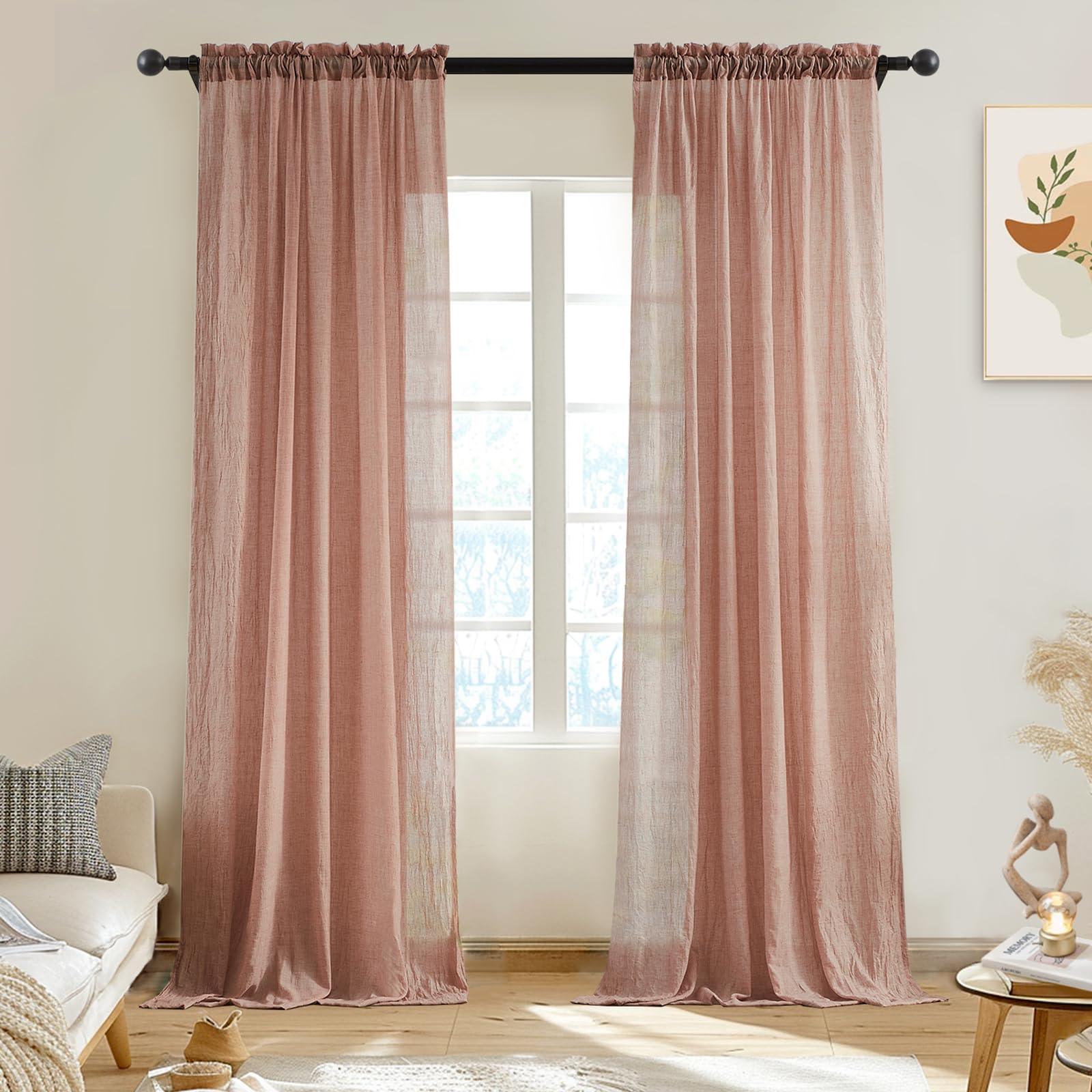Melodieux Blush Pink Sheer Curtains 90 Inches Long for Living Room Elegant Cotton Linen Bedroom Window Sheer Drapes, Natural Rustic Rod Pocket Light Filtering Curtains, 52" W x 90" L, 2 Panels