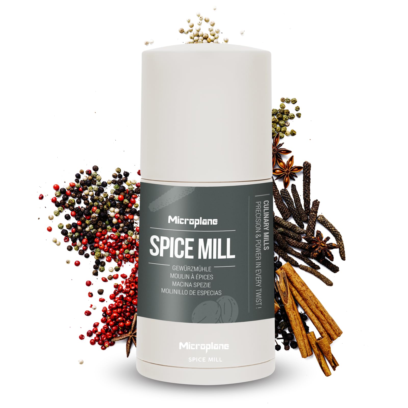 Microplane Spice Mill 2in1 – Cashmere Beige | Manual Spice Mill with Ultra-Sharp Stainless-Steel Blade | Grates Nutmeg, Cinnamon, Tonka Bean, Indian Long Pepper, Nuts & More | Airtight Storage