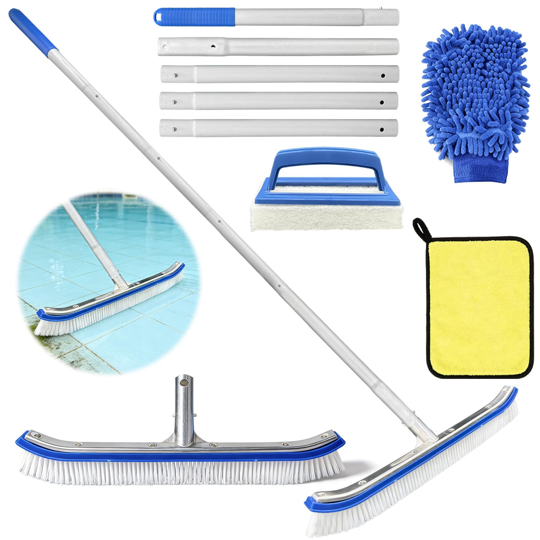 TZEKING 43cm Spazzola per Piscina con Manico, Scopa per Piscina1.8 M Asta Regolabile,con Asta in Alluminio Regolabile e Retro in Alluminio Rinforzato