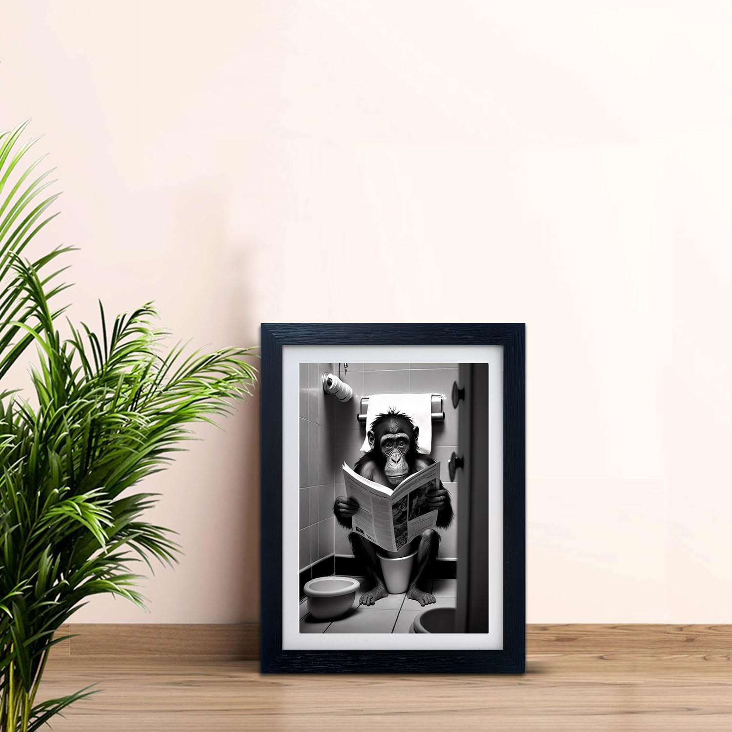 Funny Bathroom Wall Art Black And White Bathroom Decor Monkey On Toilet Reading Newspaper Print Picture Framed Animal Painting