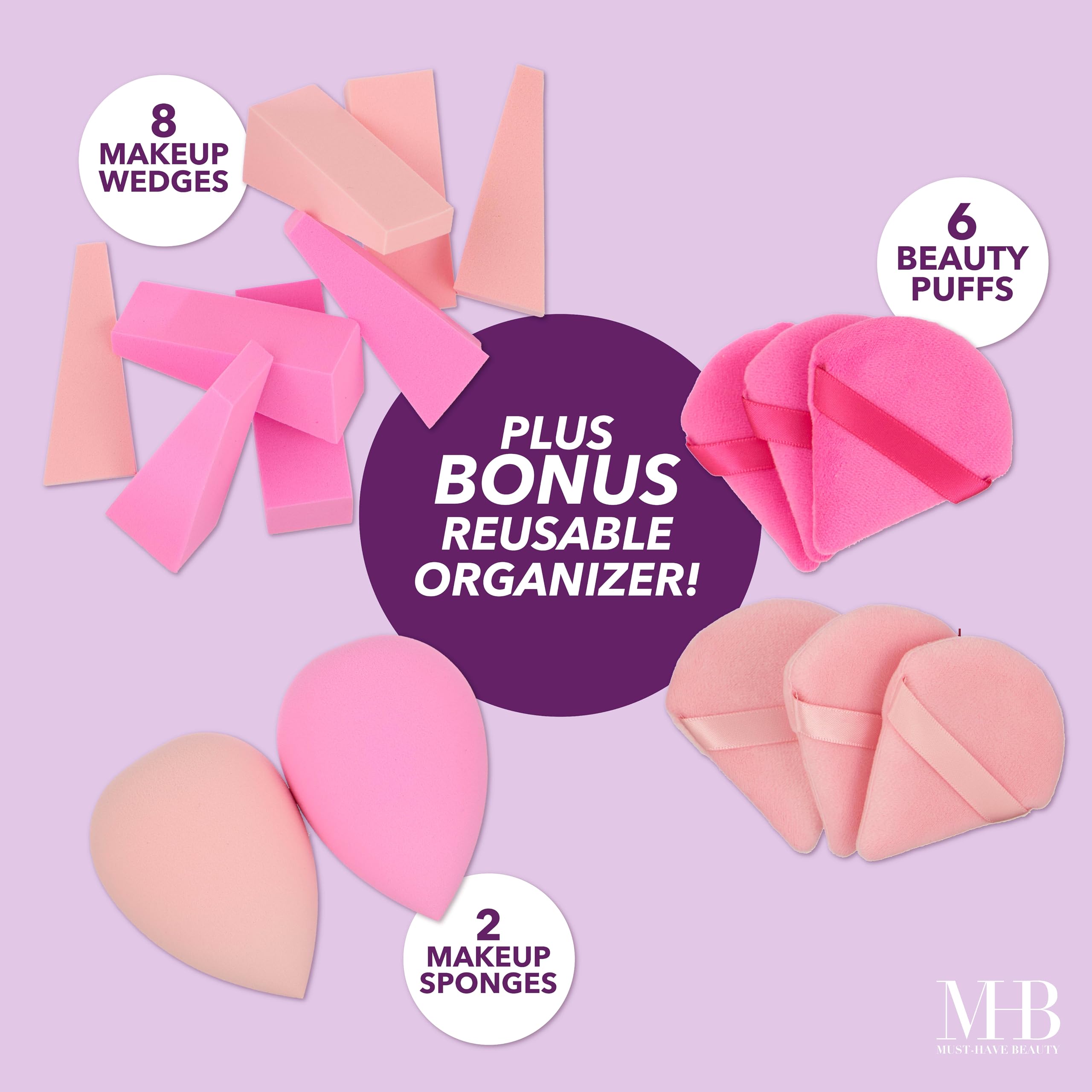 Expressions Juego de 16 esponjas de maquillaje rosas y organizador de artículos esenciales de belleza | Mezcladores de belleza surtidos, esponjas de maquillaje y cuñas para una aplicación de