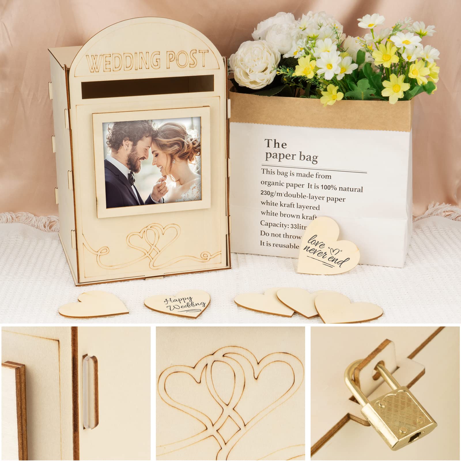 Scatola di Carte di Nozze in Legno Scatola per Biglietti di Nozze con Serratura per Matrimonio Ricevimento Anniversario Compleanno Baby Shower Laurea