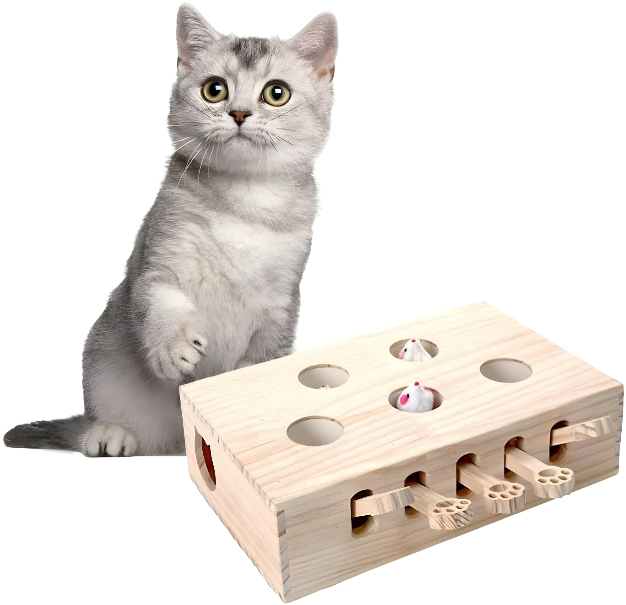 Interaktives Katzenspielzeug Holz Spielzeug, Maulwurf Maus, Puzzle Box mit Spielzeugen für Katzen, Jagd, Spielen, Trainieren Kratzen 5 Löcher perfekt für Indoor-Übung und Spaß (Holzfarbe)