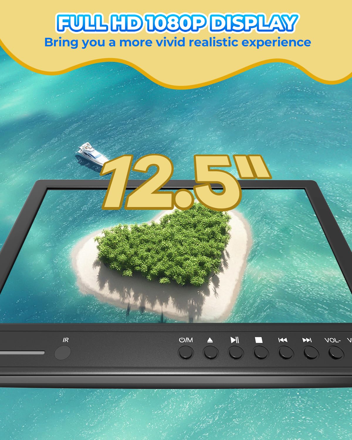 Arafuna 12,5 Pollici Lettore DVD Portatile, 1080P Lettore DVD Auto, Supporta l'ingresso USB/TF, HDMI, AV, Non Ricaricabile