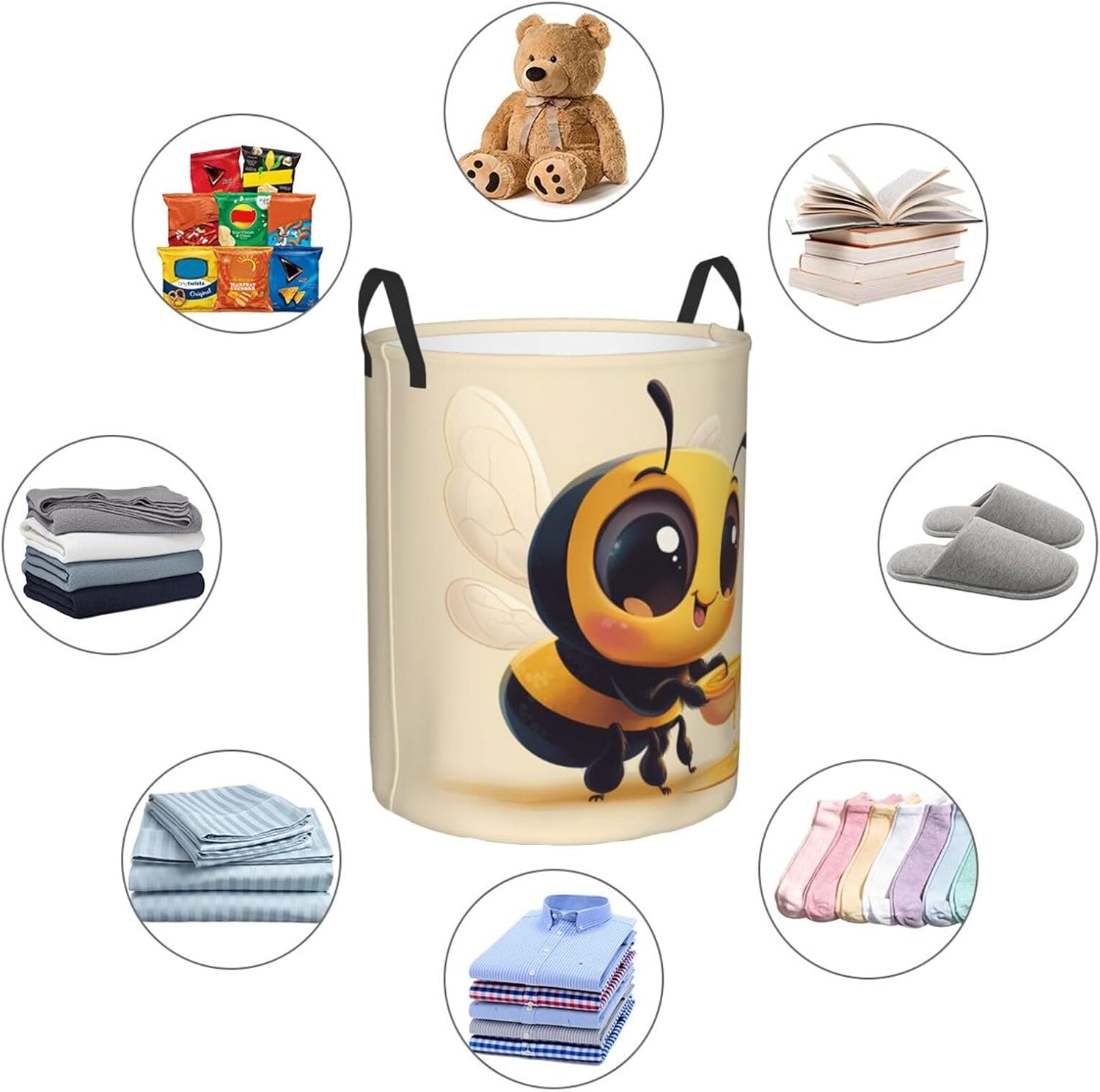 Cute bee Round Single-layer Laundry Basket, Portable Storage Laundry Basket, Bedroom Clothes Storage Basket with Handle