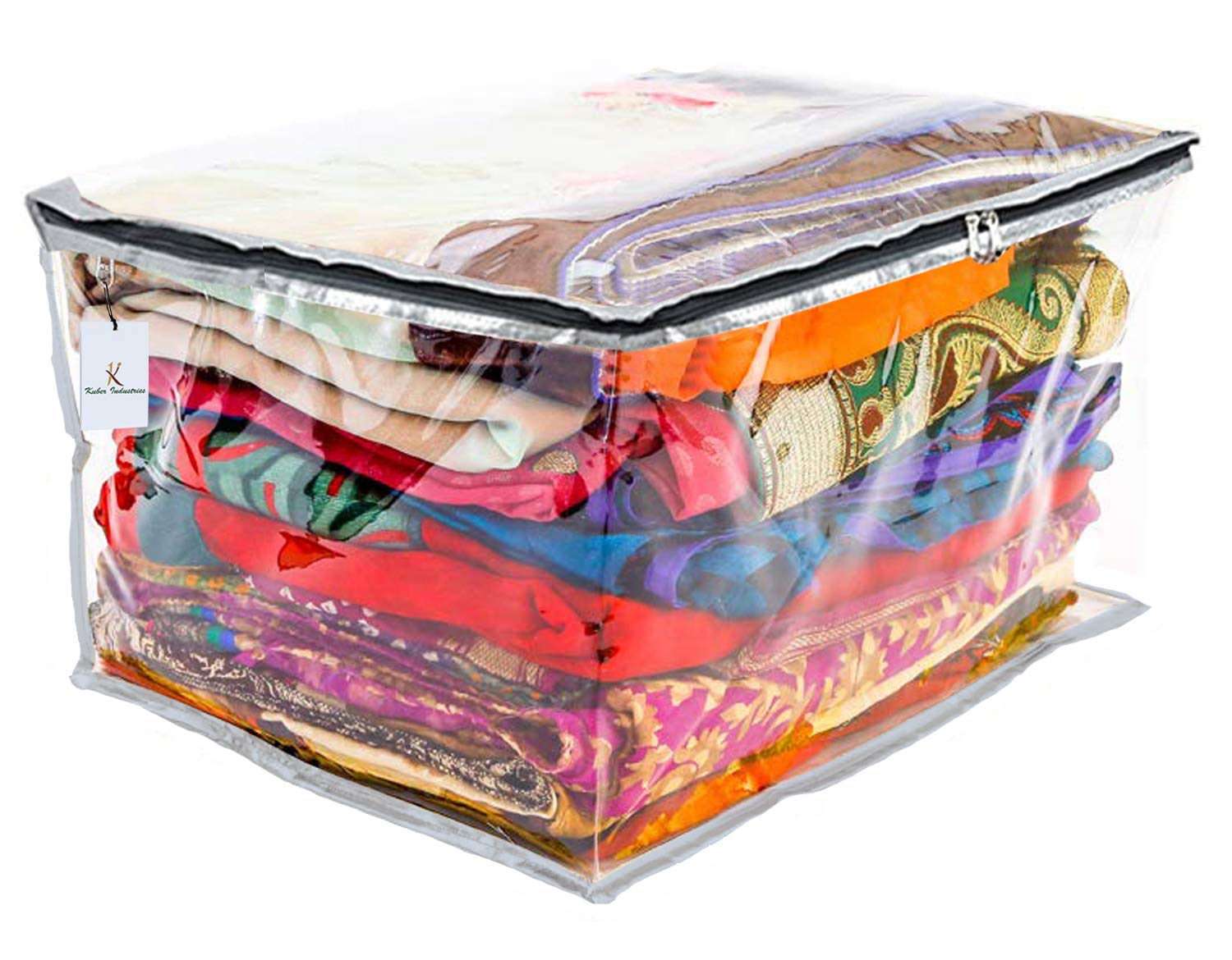 Kuber Industries 43 x 33 x 22 CM PVC Clothes Organizer For Wardrobe (Pack of 2) - Storage Organizer For Saree | Dress Organizer For Wardrobe - Saree Covers (Transparent) (Silver)