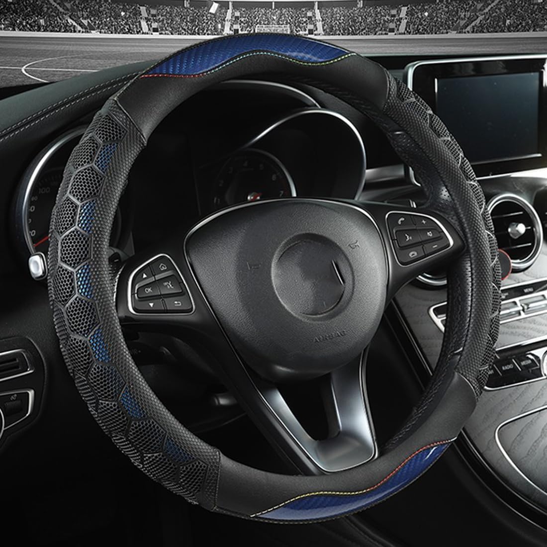 Cobear Car Steering Wheel Cover, Carbon Fiber Honeycomb Football Sweat Absorbing Handlebar Cover, All-Season Universal Steering Wheel Covers, Black Blue, O-Type